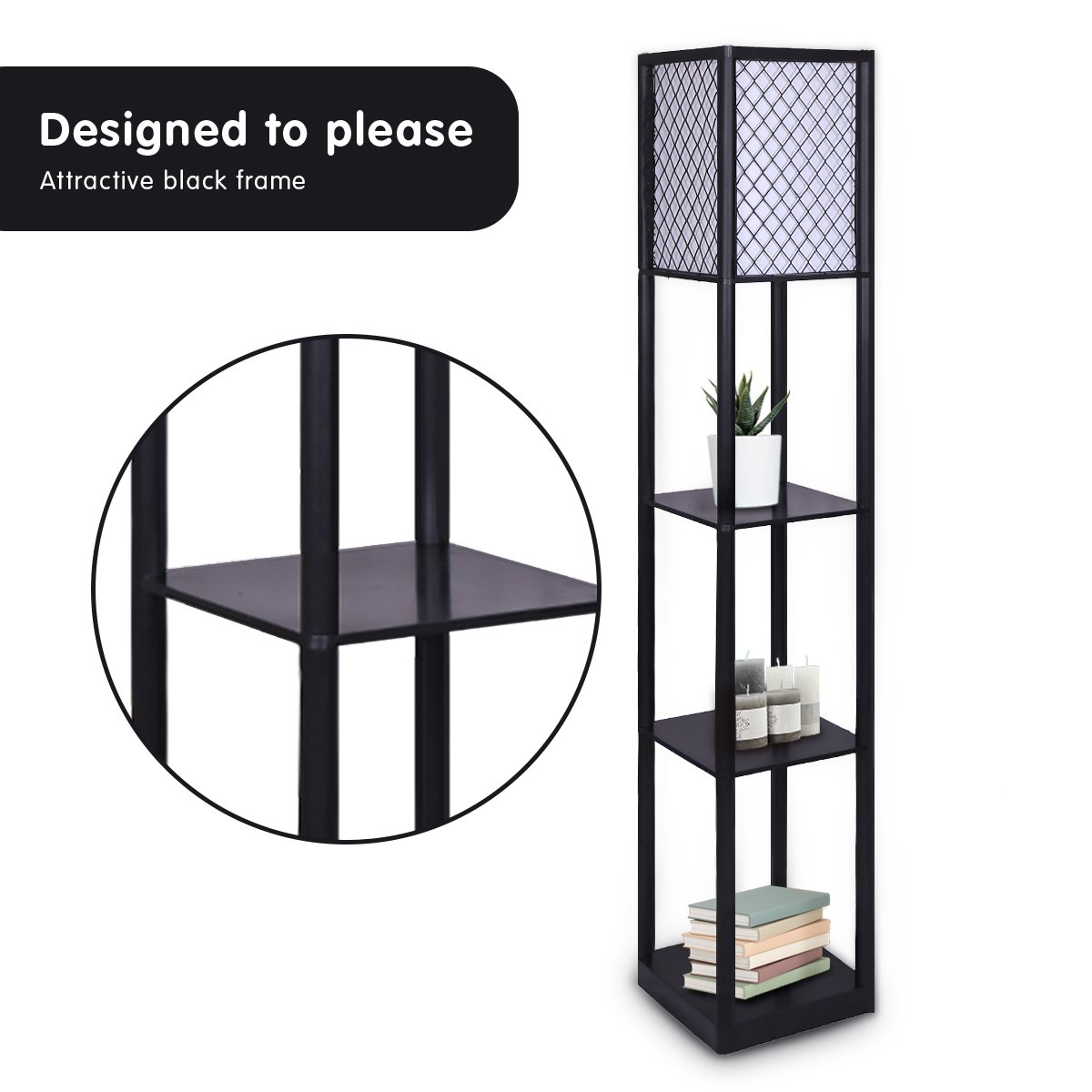 Sarantino Etagere Floor Lamp Diamond Look Fabric Shade Shelves Black 5