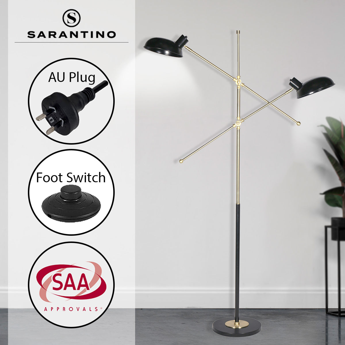 Sarantino Adjustable Two Light Lamp Black and Gold Finish 11