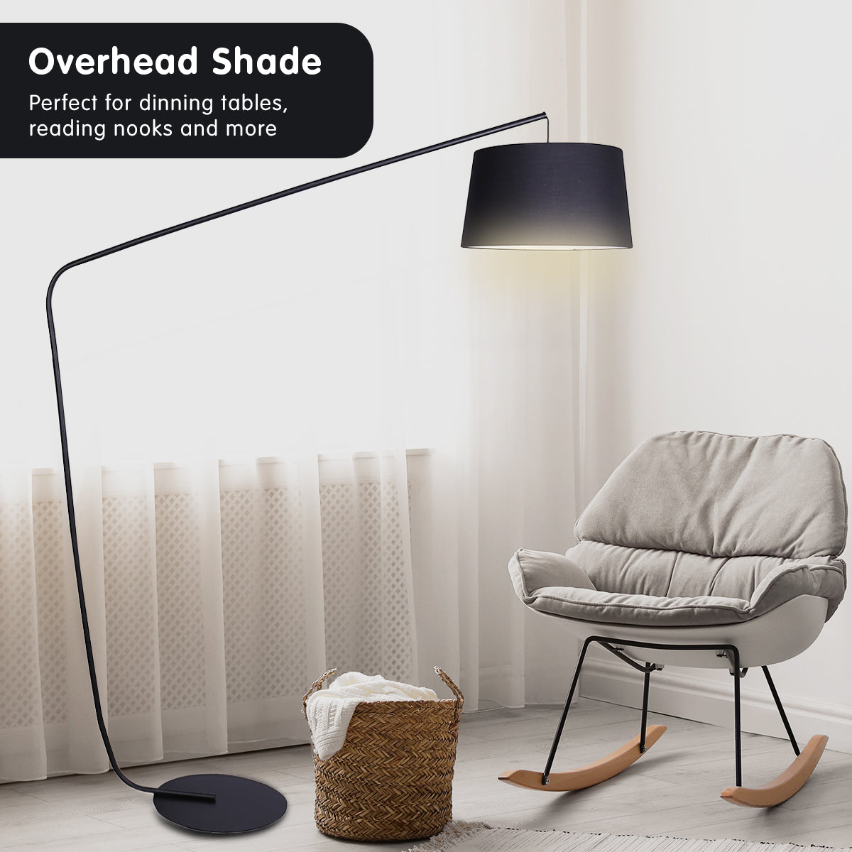 Sarantino Metal Arc Floor Lamp in Black Finish with Linen Taper Shade 5