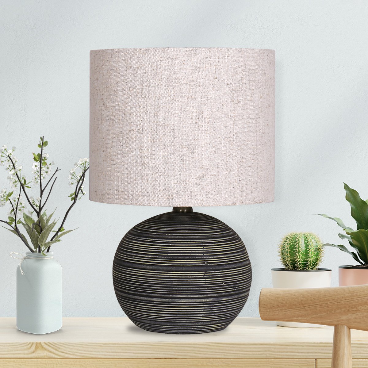Sarantino Ceramic Table Lamp With Striped Pattern In Antique Black 9
