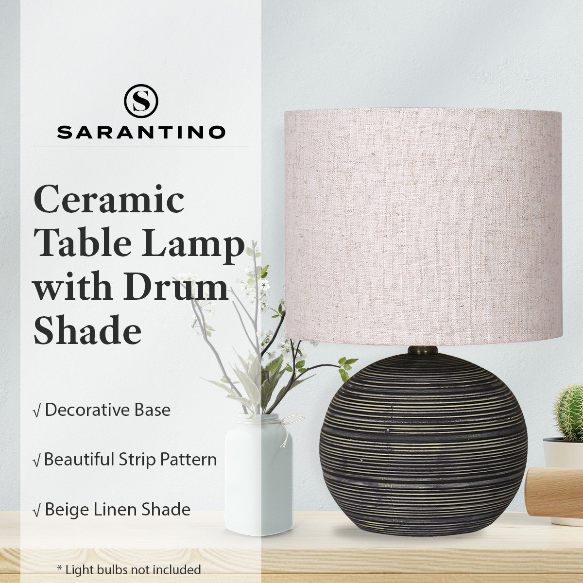 Sarantino Ceramic Table Lamp With Striped Pattern In Antique Black 10