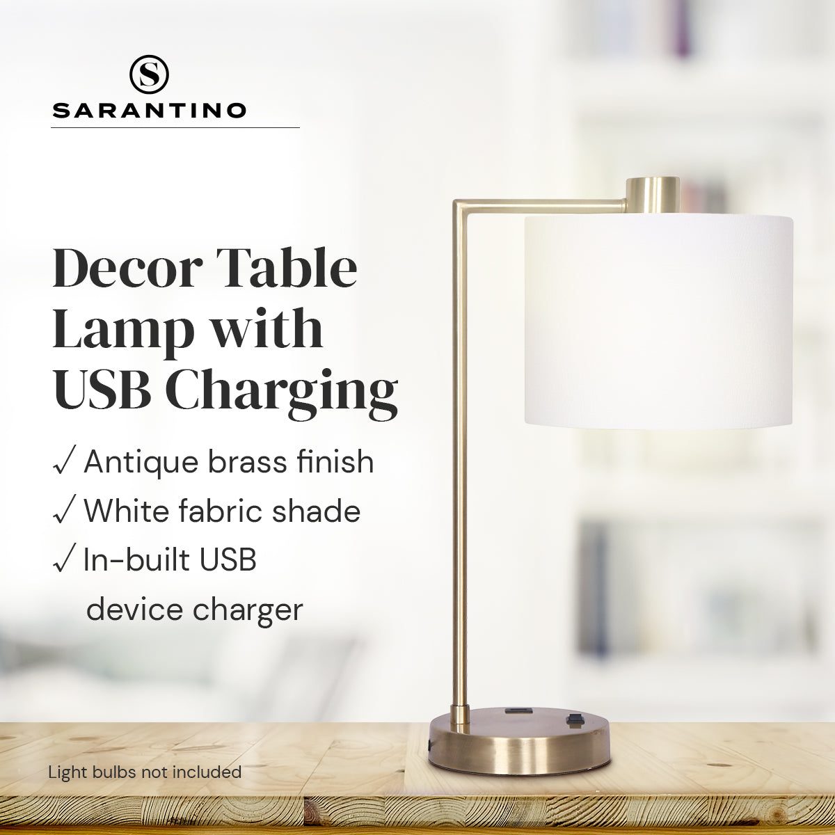 Sarantino Metal Task Lamp with USB Charging Port Antique Brass Finish 8