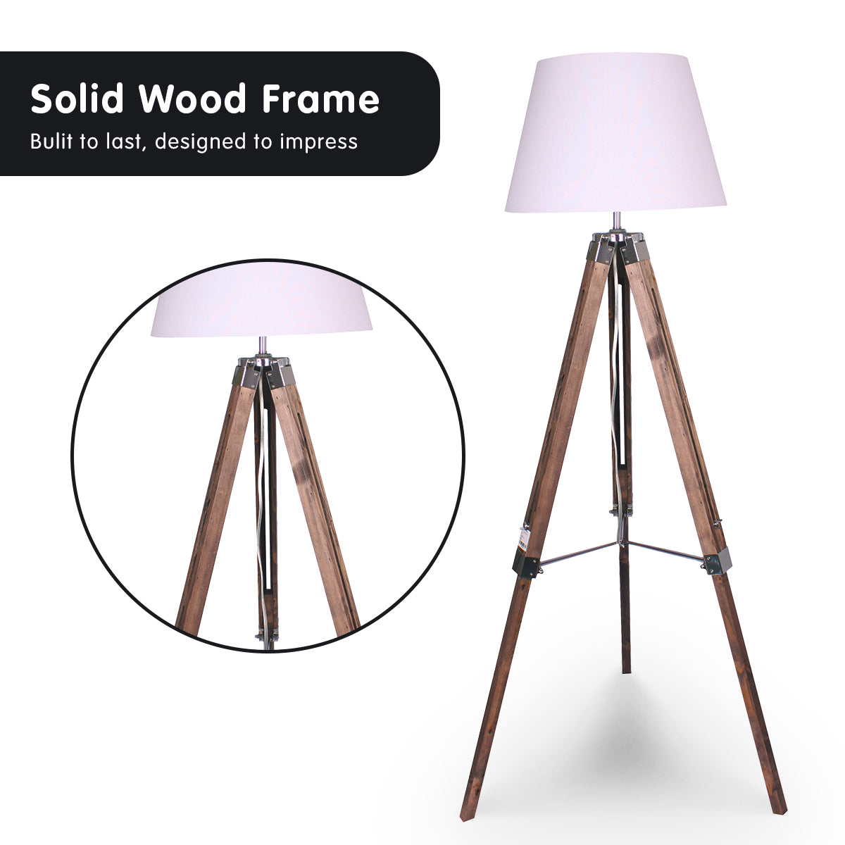 Sarantino Solid Wood Tripod Floor Lamp Adjustable Height White Shade 3