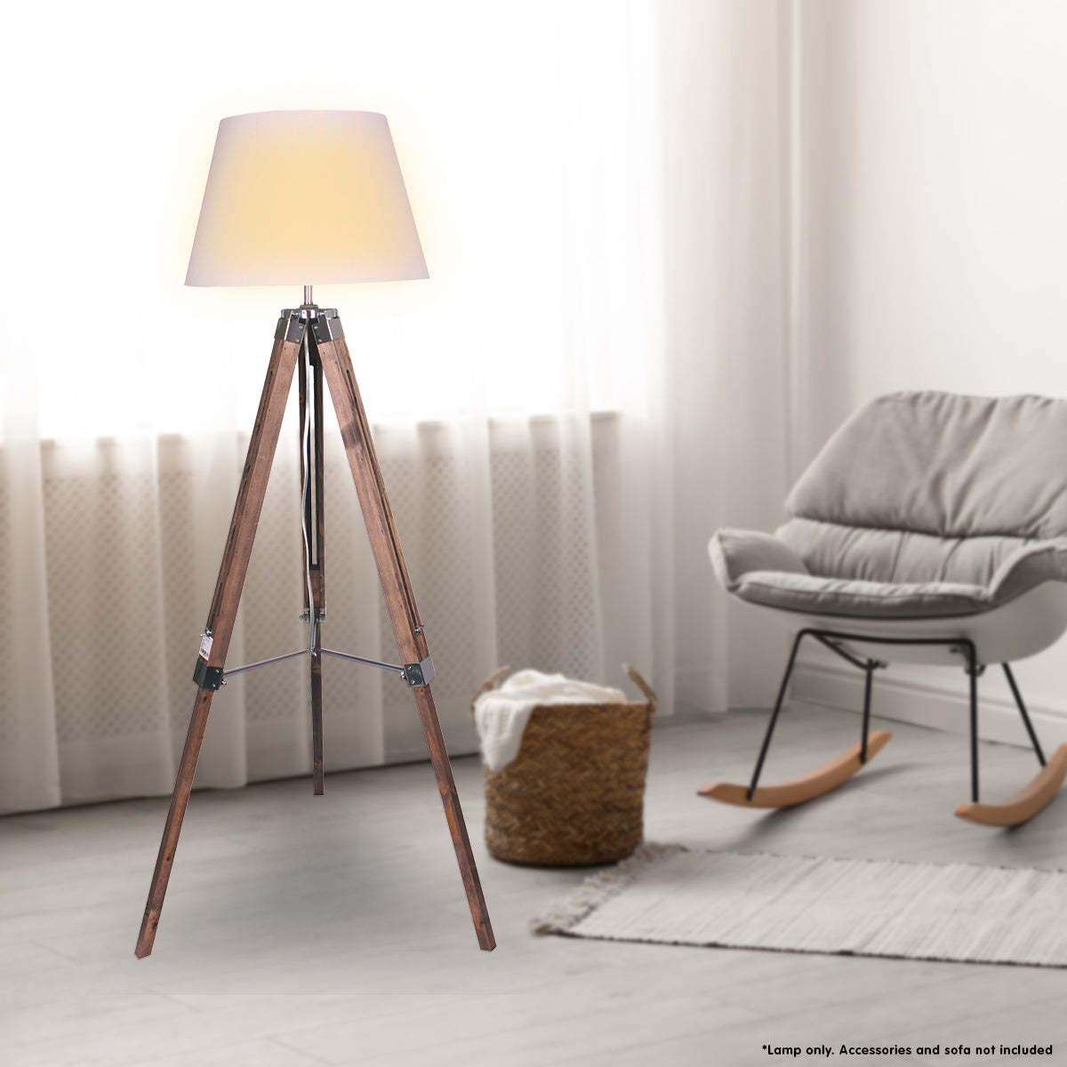 Sarantino Solid Wood Tripod Floor Lamp Adjustable Height White Shade 5