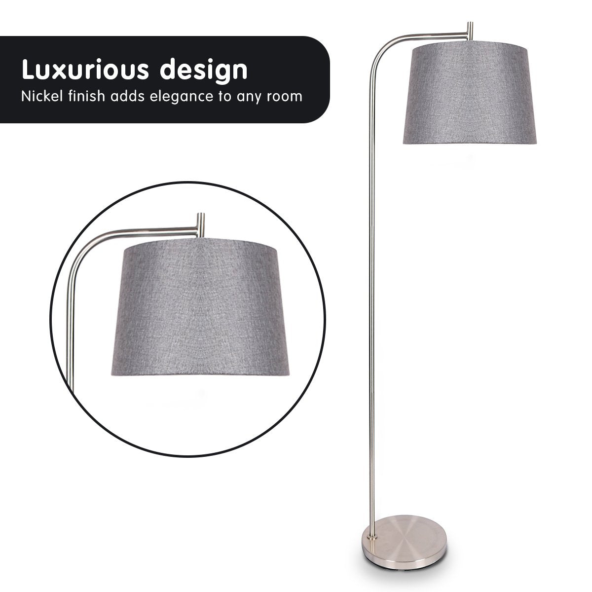 Sarantino Metal Task Floor Lamp Nickel Finish with Grey Fabric Shade 3