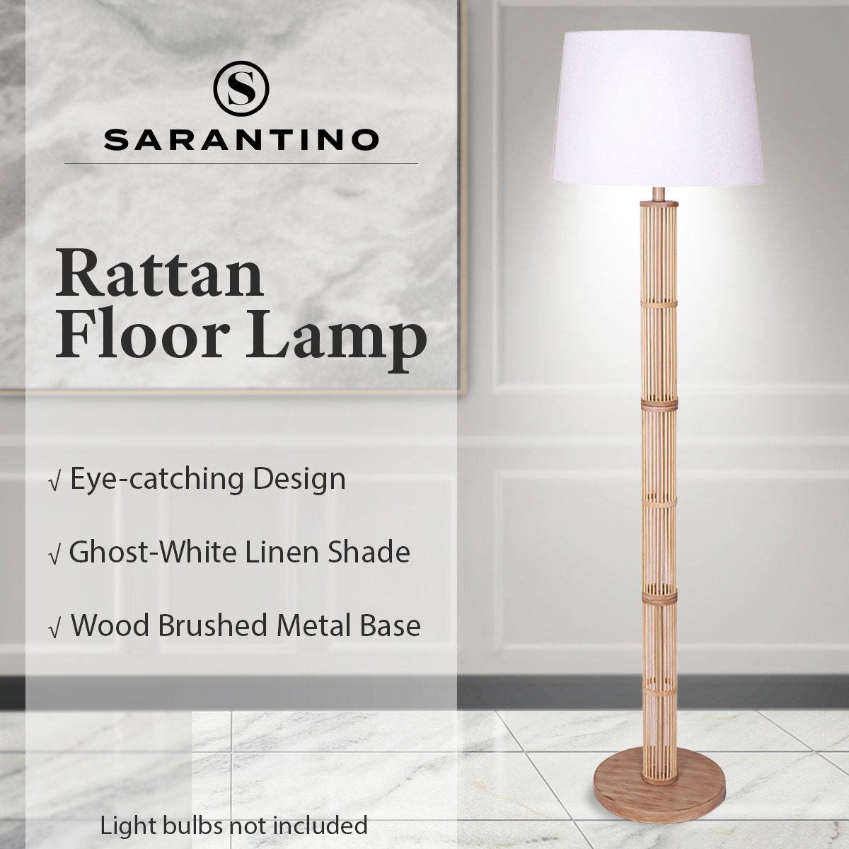 Sarantino Rattan Floor Lamp With Ghost-White Linen Shade 10