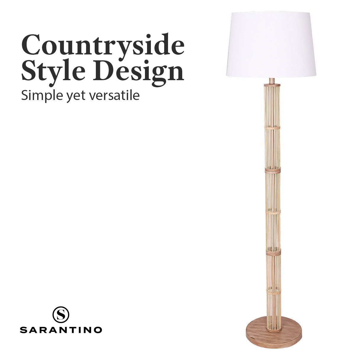 Sarantino Rattan Floor Lamp With Ghost-White Linen Shade 5