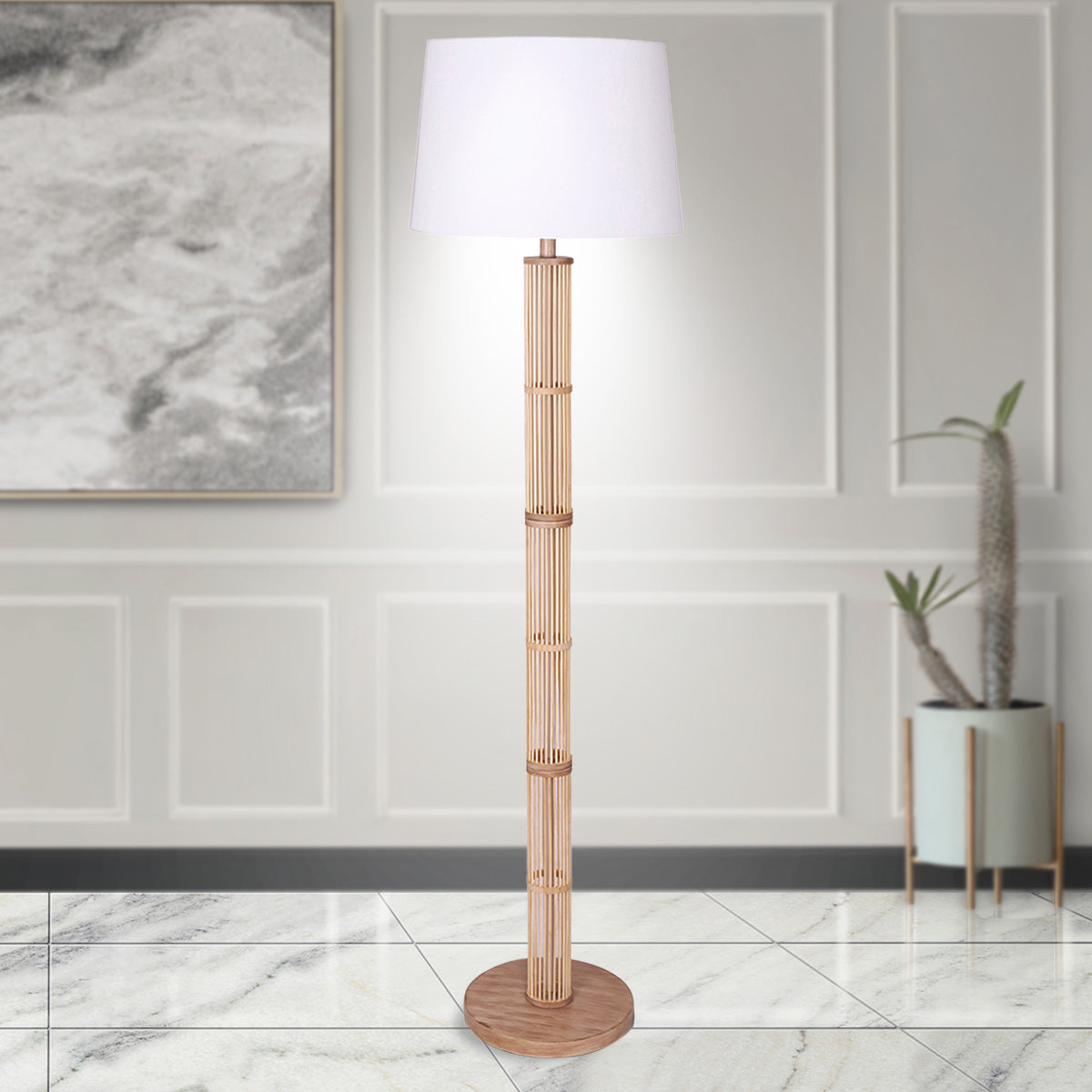 Sarantino Rattan Floor Lamp With Ghost-White Linen Shade 9