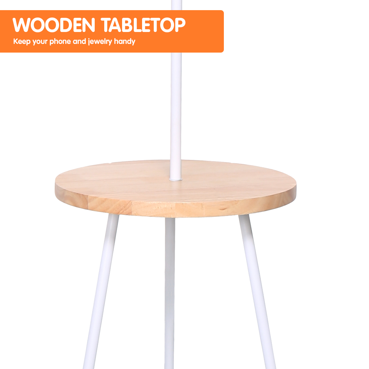 Sarantino Metal Tripod Floor Lamp Shade with Wooden Table Shelf 5