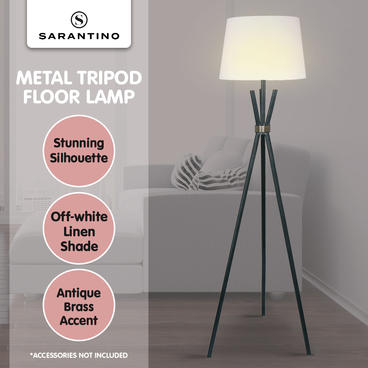 Sarantino Tripod Floor Lamp in Metal and Antique Brass 6