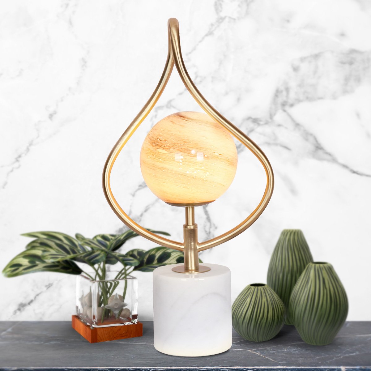 Sarantino Sculptural Orange Glass Table Lamp With White Marble Base 9