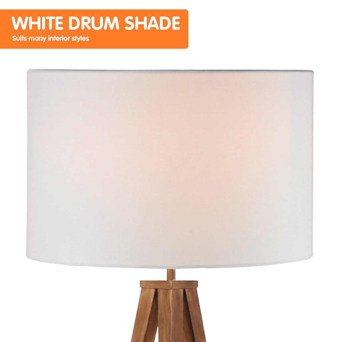 Sarantino Metal Tripod Floor Spot Lamp Shade Drum in Wooden Finish 3