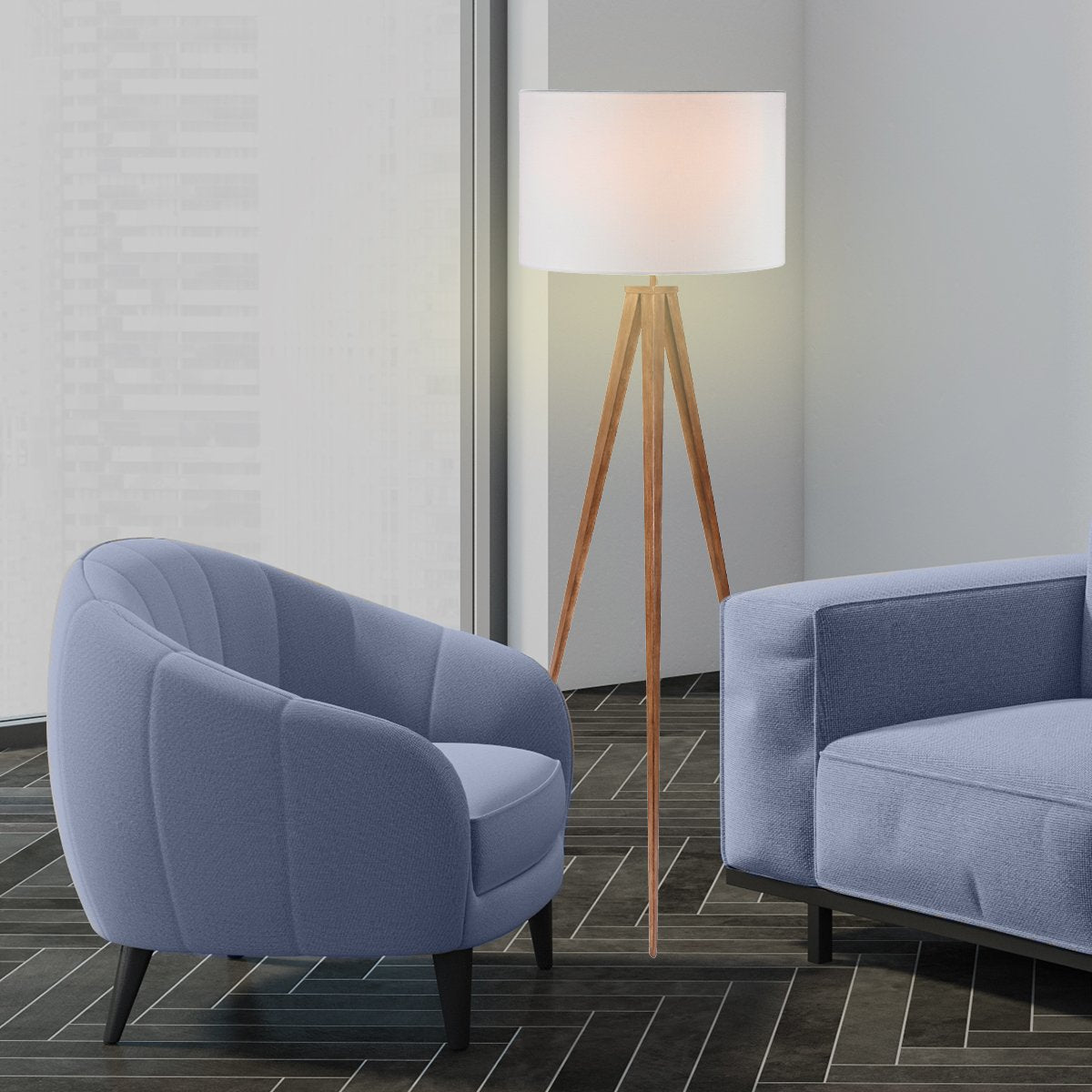 Sarantino Metal Tripod Floor Spot Lamp Shade Drum in Wooden Finish 6