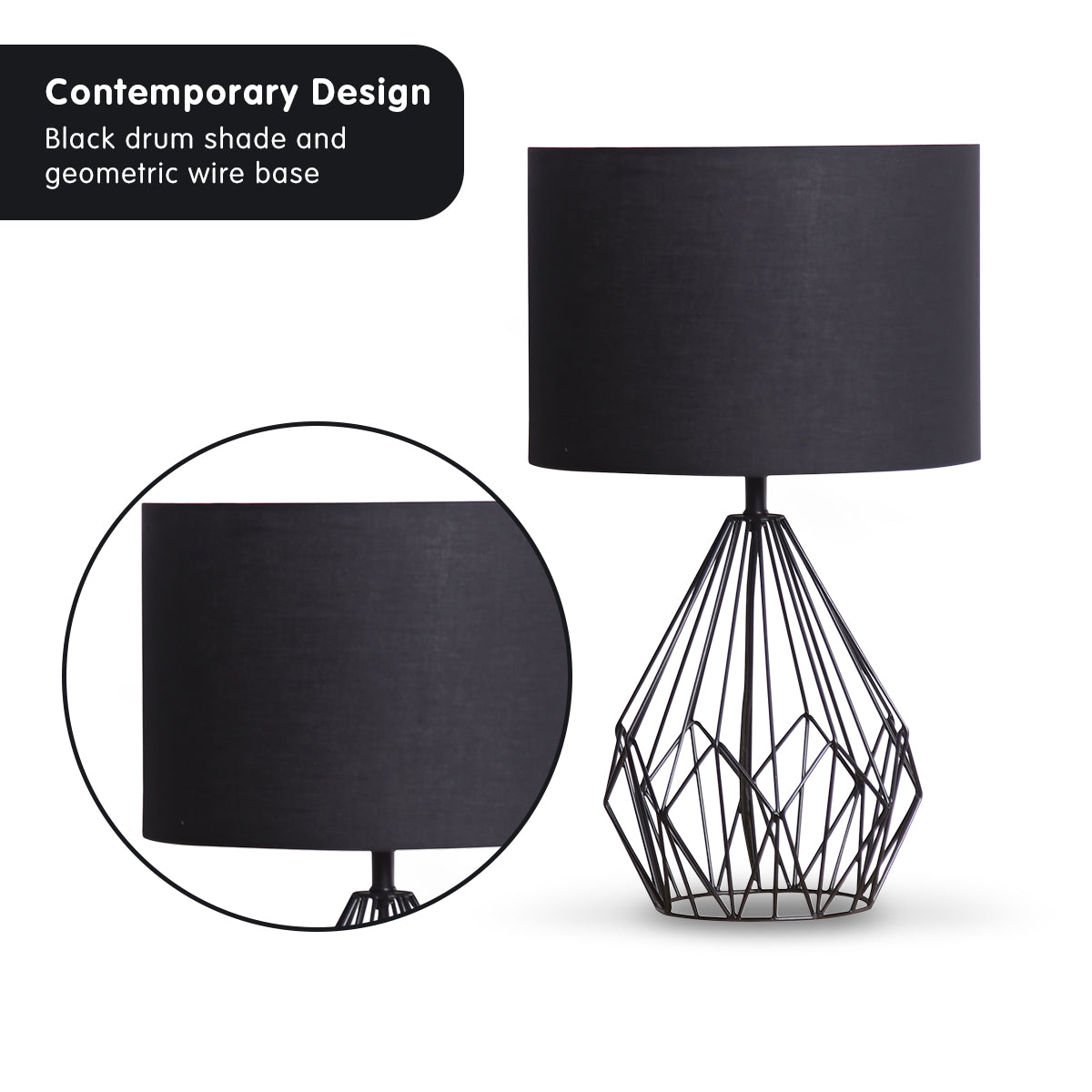 Sarantino Metal Wire Table Lamp in Black Finish With Black Drum Shade 3