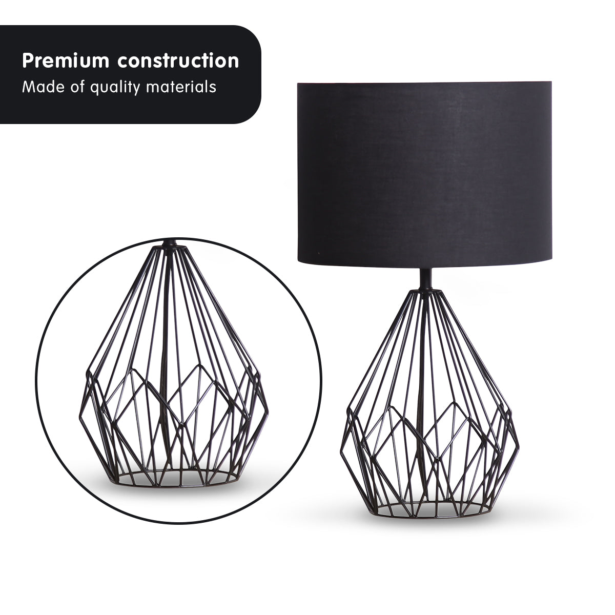 Sarantino Metal Wire Table Lamp in Black Finish With Black Drum Shade 4