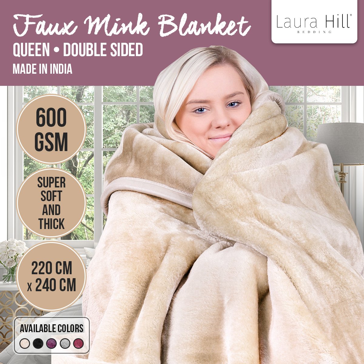 Laura Hill Mink Blanket Double Sided 600GSM Queen Size Beige 5