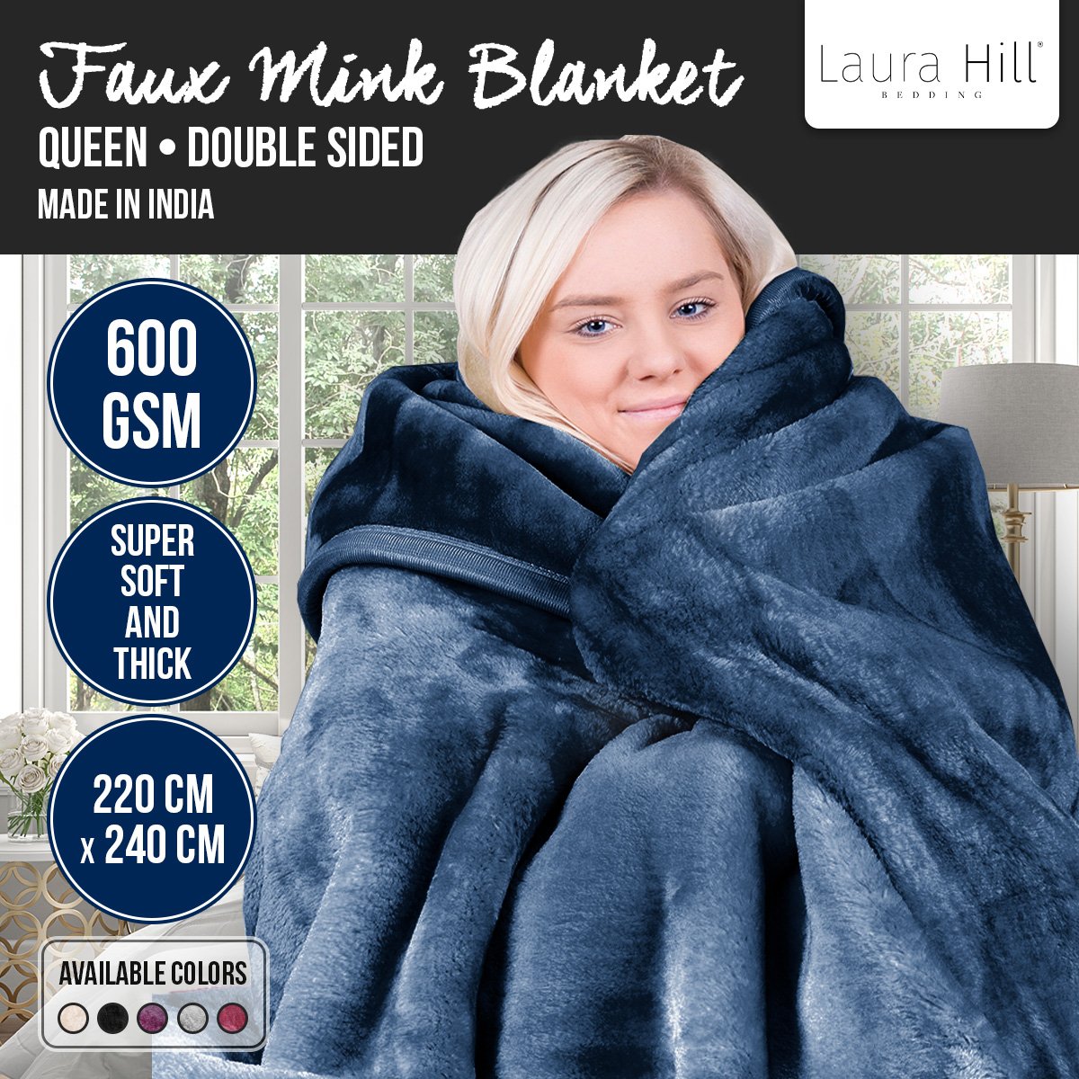 Laura Hill 600gsm Faux Mink Blanket Queen Size Double-sided Throw Rug Large Super Luxurious Soft - Blue 3
