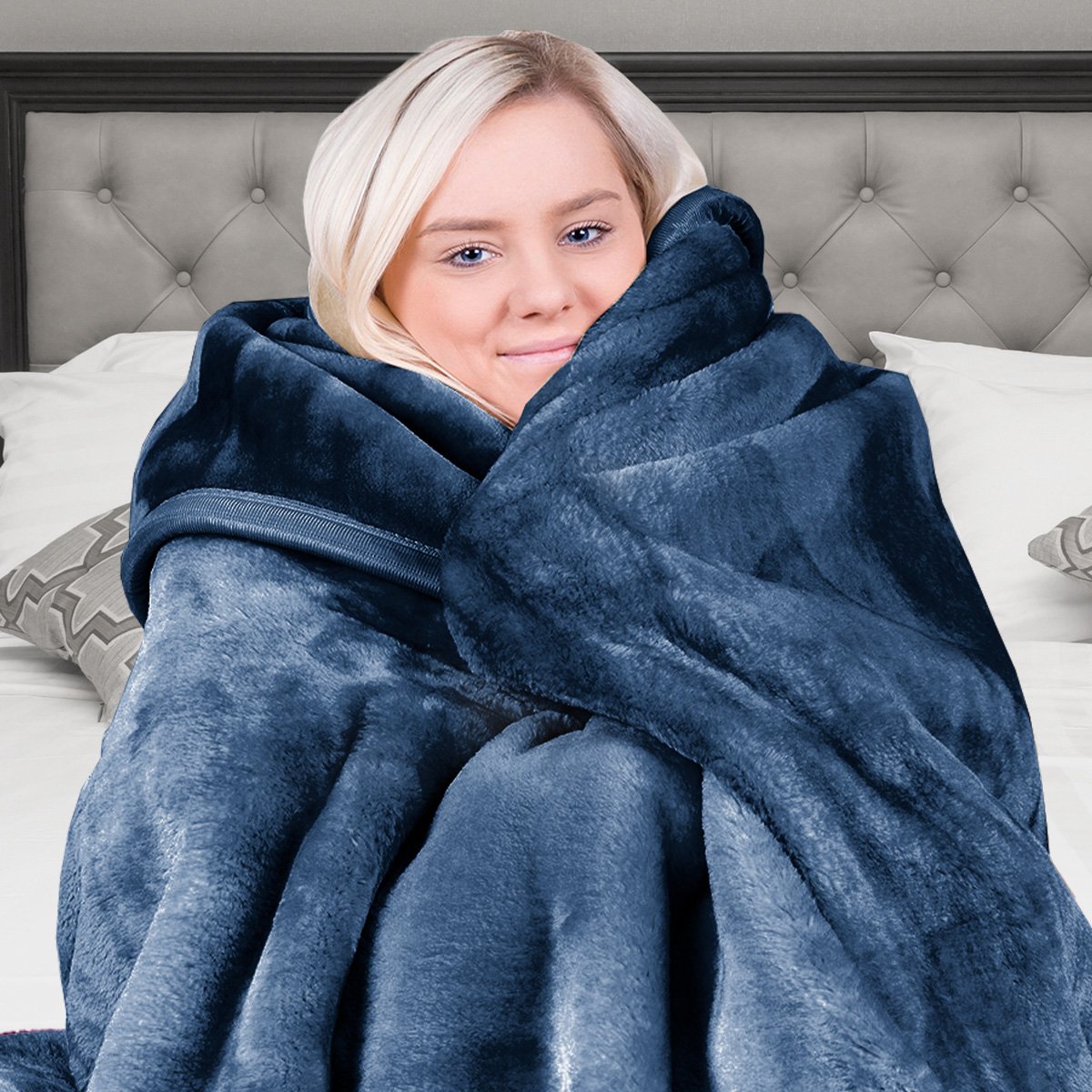 Laura Hill 600gsm Faux Mink Blanket Queen Size Double-sided Throw Rug Large Super Luxurious Soft - Blue 8