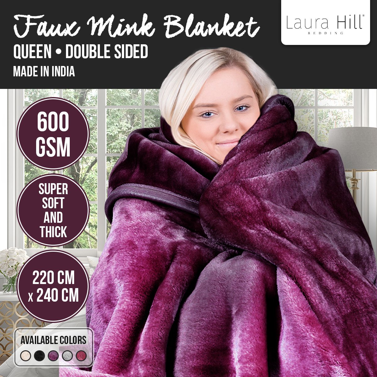 Laura Hill Mink Blanket Throw Purple Double Sided Queen Size Soft Plush Bed Faux Rug 8