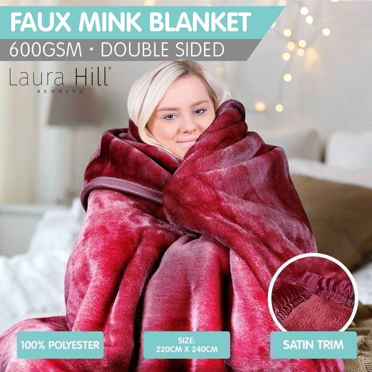 Laura Hill Mink Blanket Double Sided Queen Size Soft Plush Bed Faux Throw Rug 220 X 240cm 7