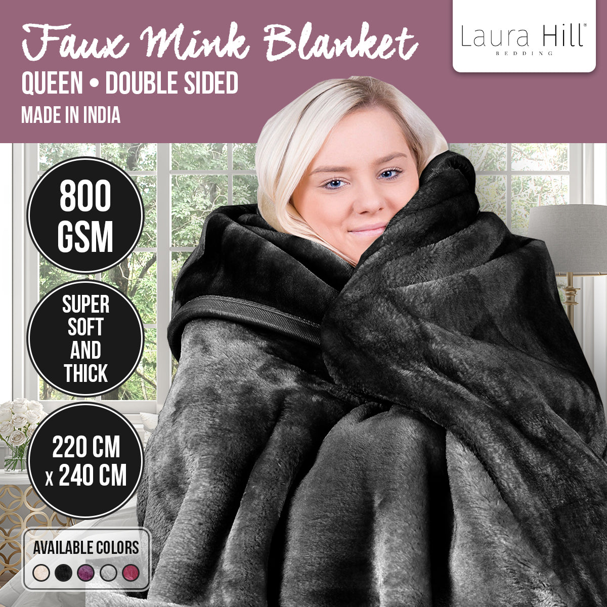 Laura Hill 800-gsm Faux Mink Throw Rug Blanket Queen Size Double-sided Large Super Luxurious Soft Heavy - Black 8