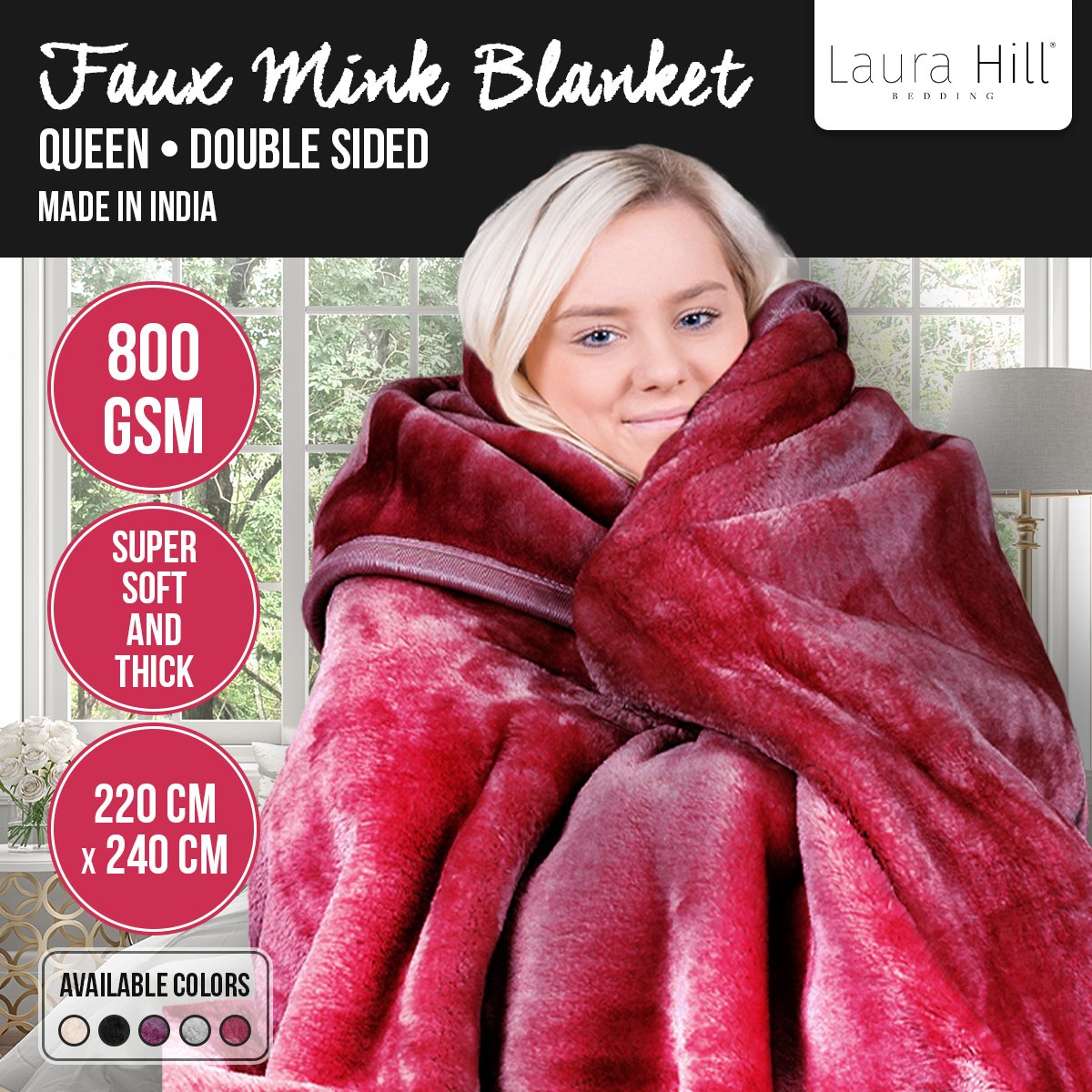 Laura Hill Double-sided Large 220 X 240cm Faux Mink Throw Rug Blanket 800-gsm Heavy - Red 8
