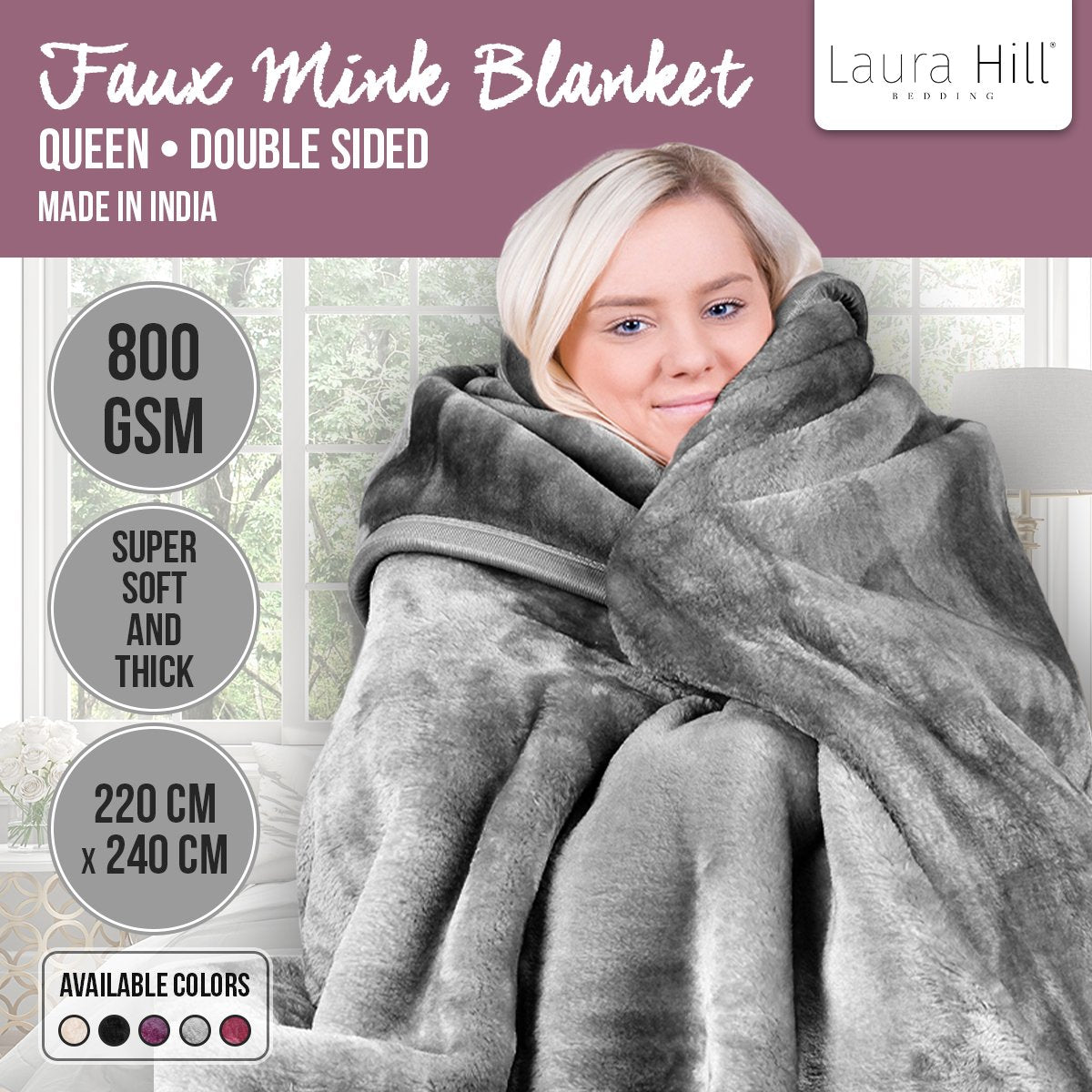 Laura Hill Double-sided Large 220 X 240cm Faux Mink Throw Rug Blanket 800-gsm Heavy - Silver 9