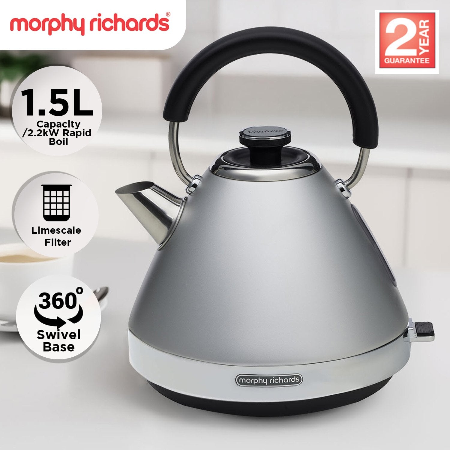 Morphy Richards 1.5L Venture Collection Pyramid Kettle in Steel Grey 11