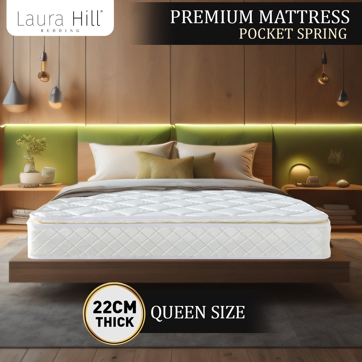 Laura Hill Mattress Queen Size Pillow Top Pocket Spring High Density Foam 22cm 3