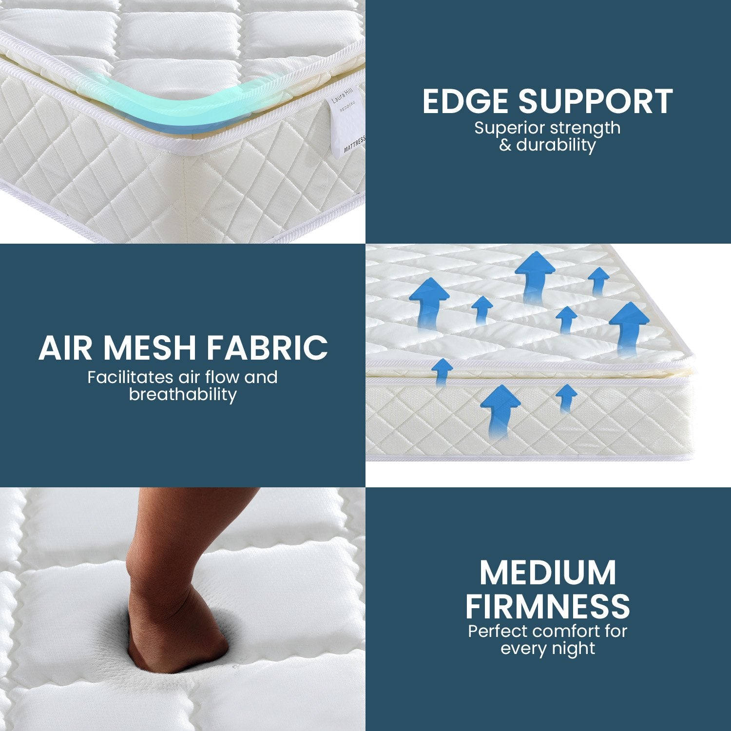 Laura Hill Mattress Queen Size Pillow Top Pocket Spring High Density Foam 22cm 8
