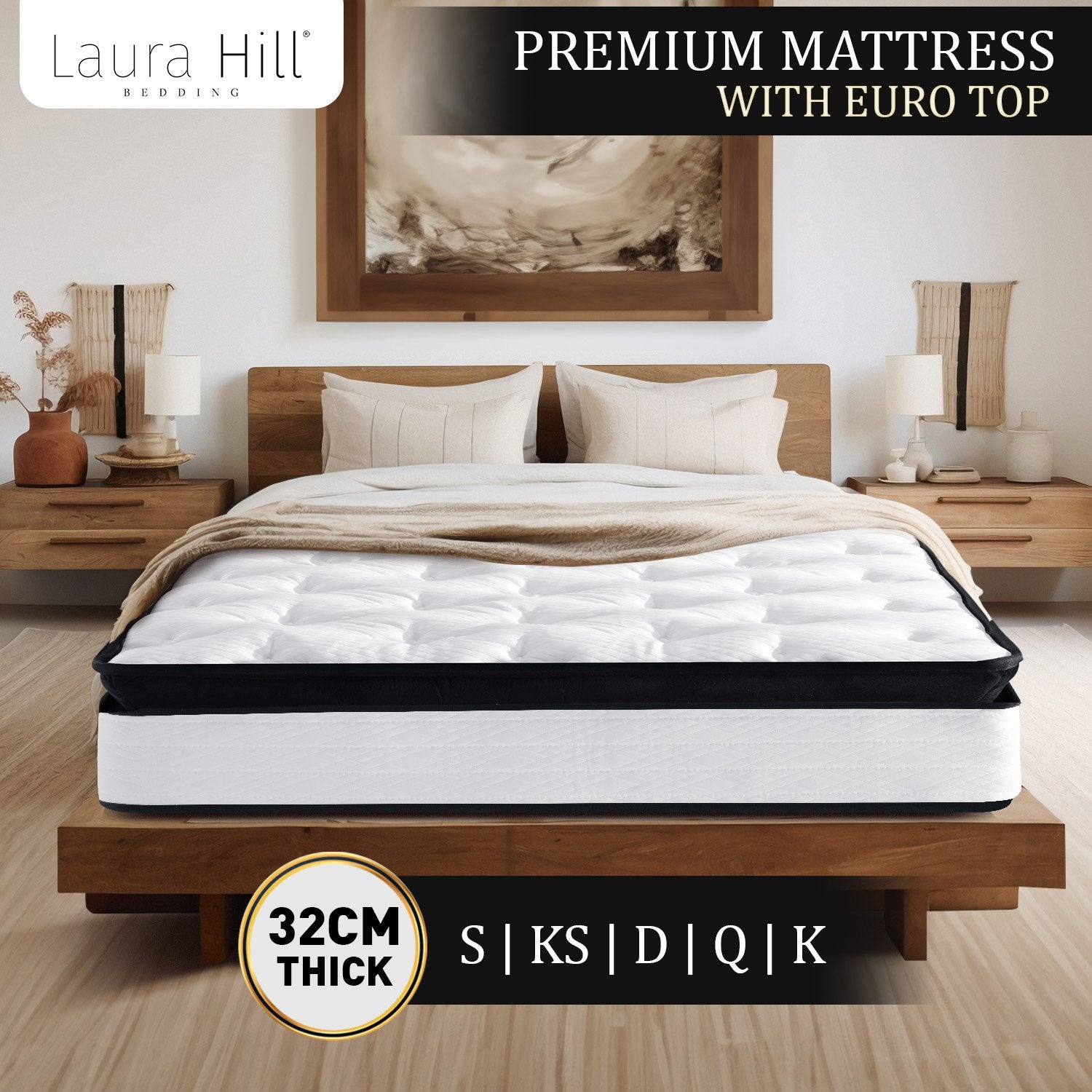 Laura Hill King Mattress Bed Size Euro Top 5 Zone Spring Foam 32cm Bedding Pocket 10