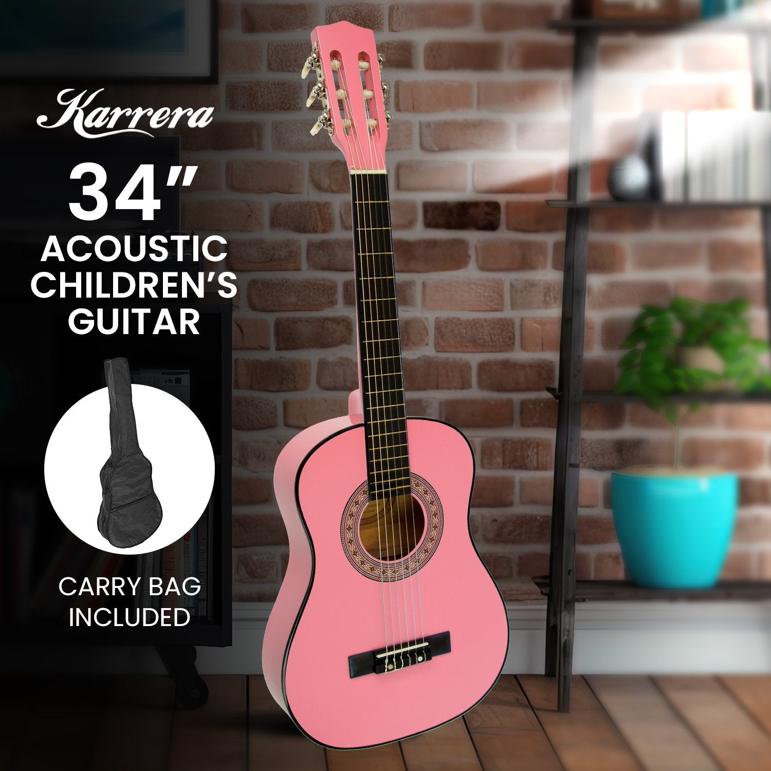 Karrera 34in Acoustic Wooden Childrens Guitar - Pink 8