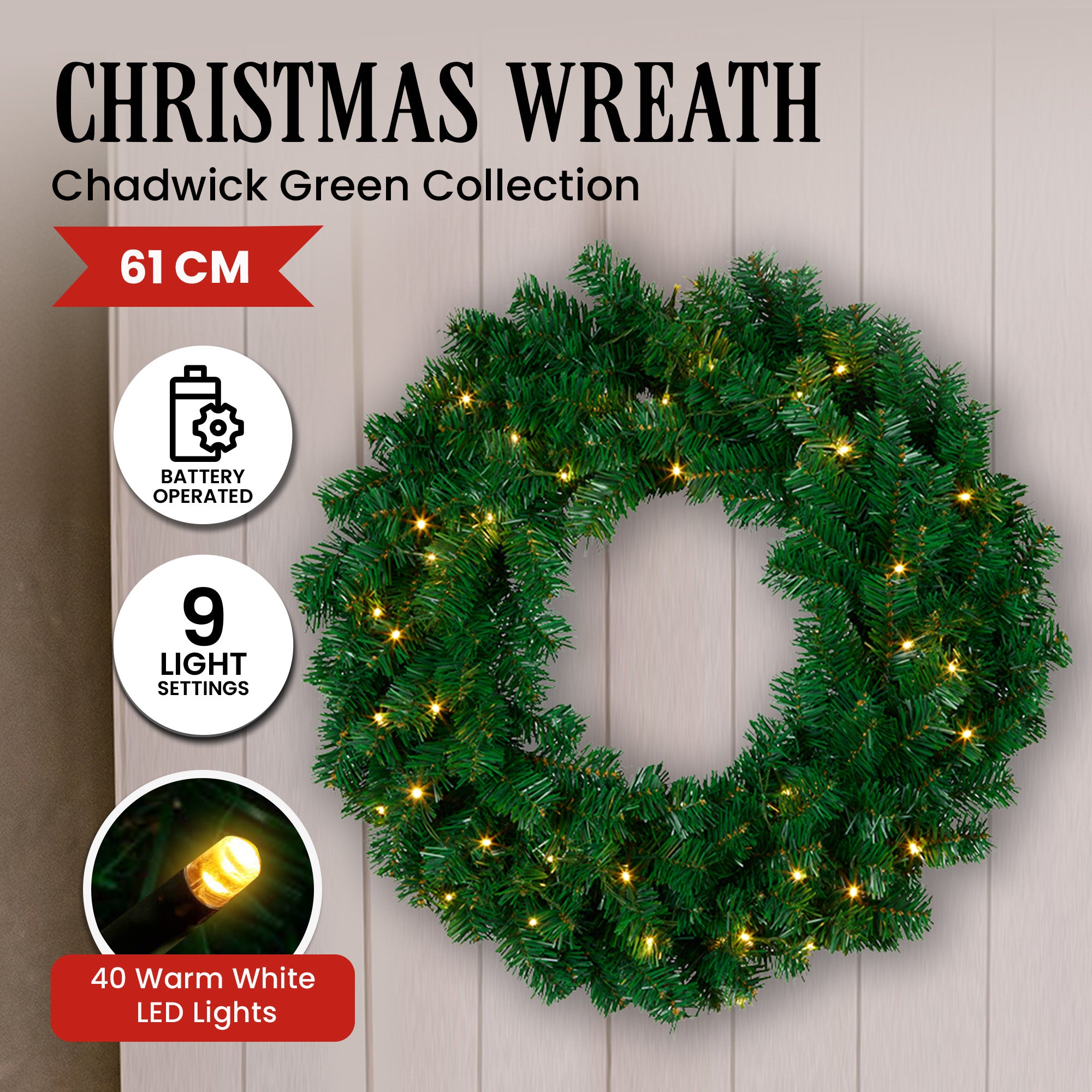 Christabelle 61cm Chadwick Christmas Wreath with LED Lights Front Door Decoration Ornament 3