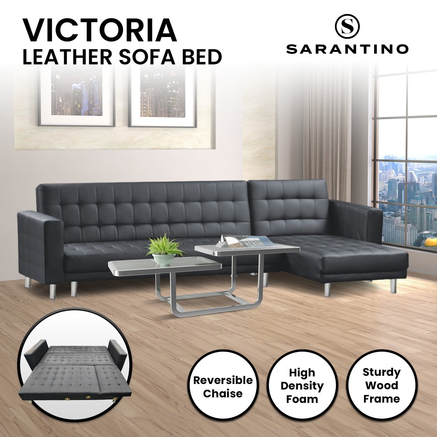 Sarantino Corner Faux Leather Sofa Bed Couch with Chaise - Black 7