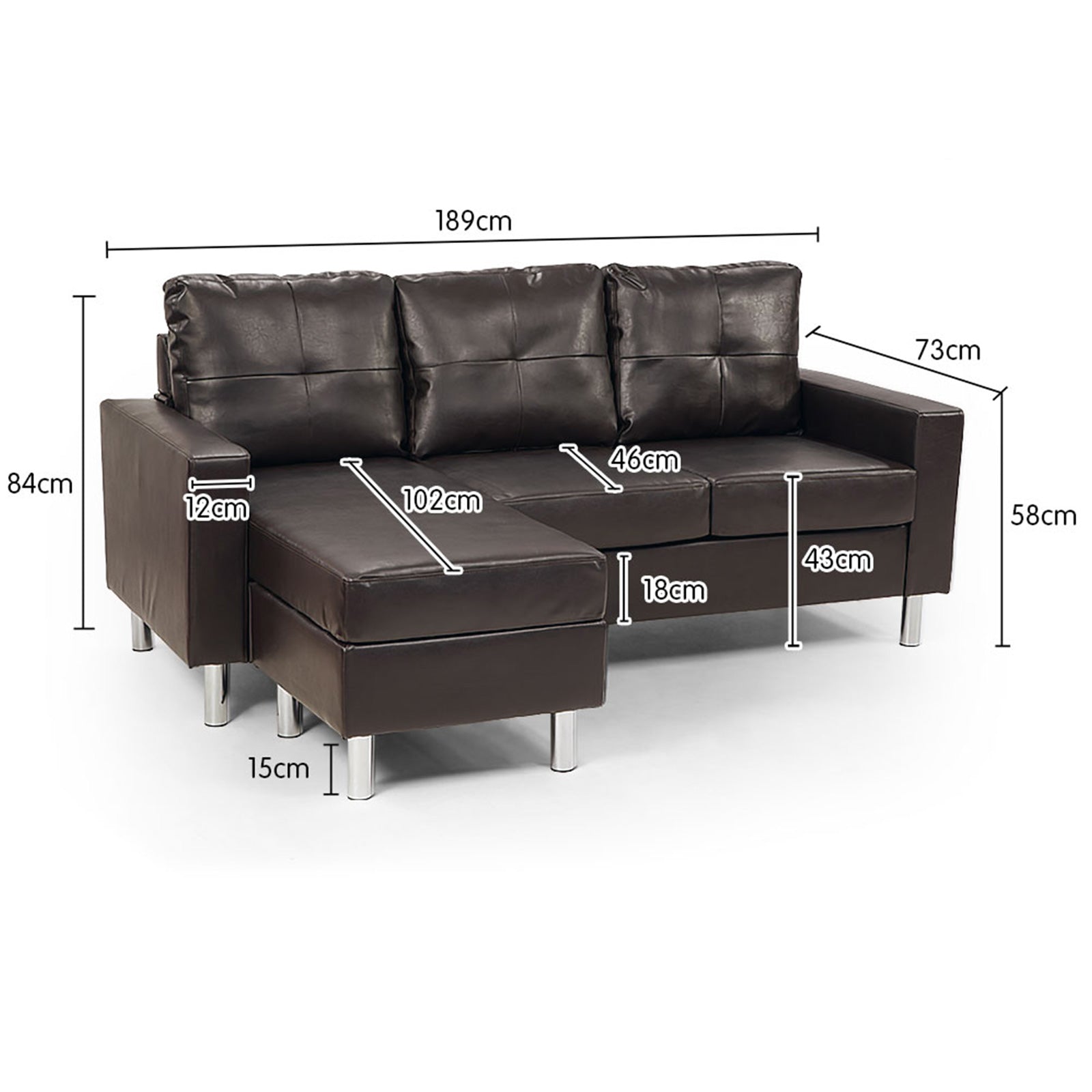 Sarantino Corner Sofa Lounge Couch Modular Furniture Chair Home Faux Leather Chaise Brown 3