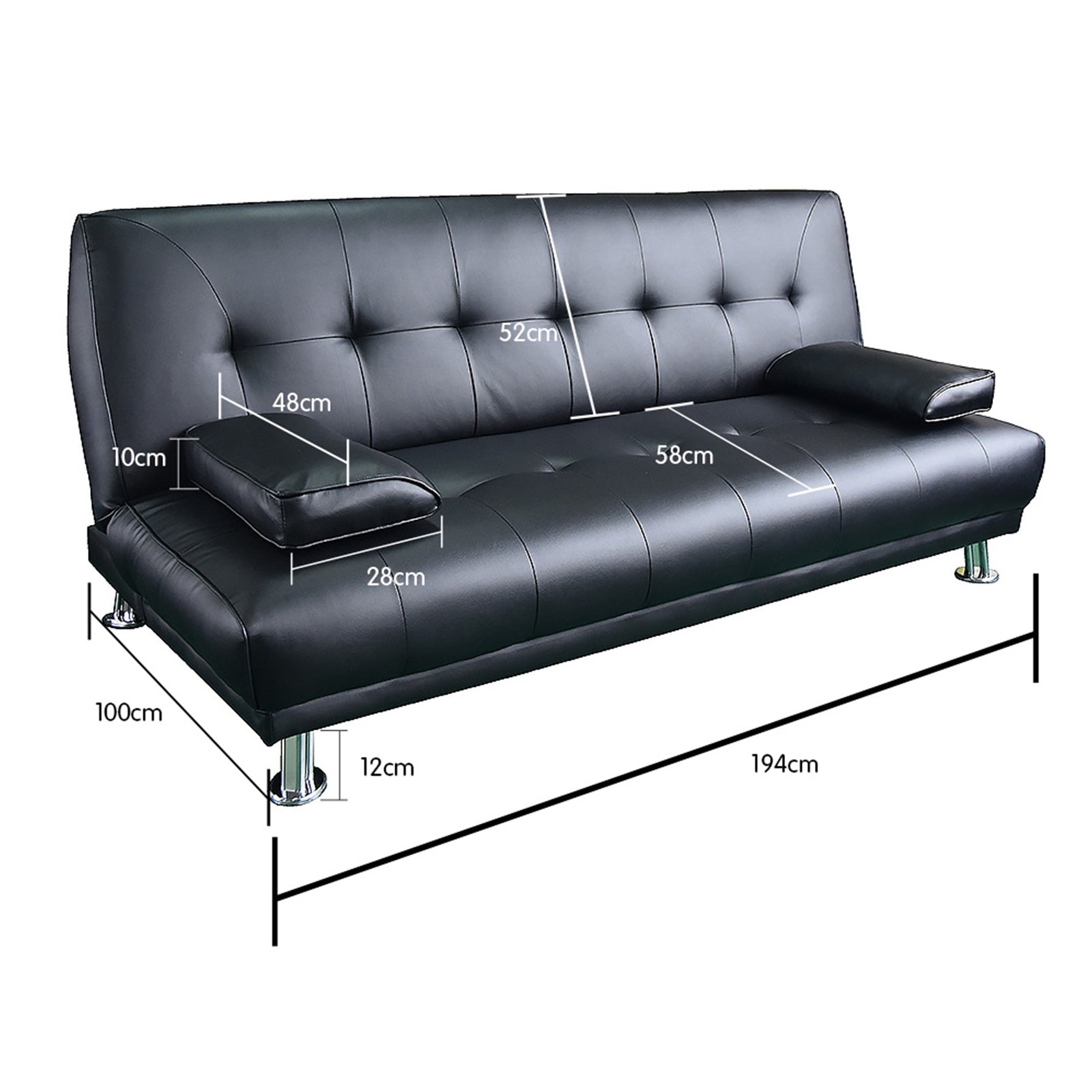 Sarantino Manhattan Sofa Bed Faux Leather Lounge Couch Futon Furniture Suite - Black 4