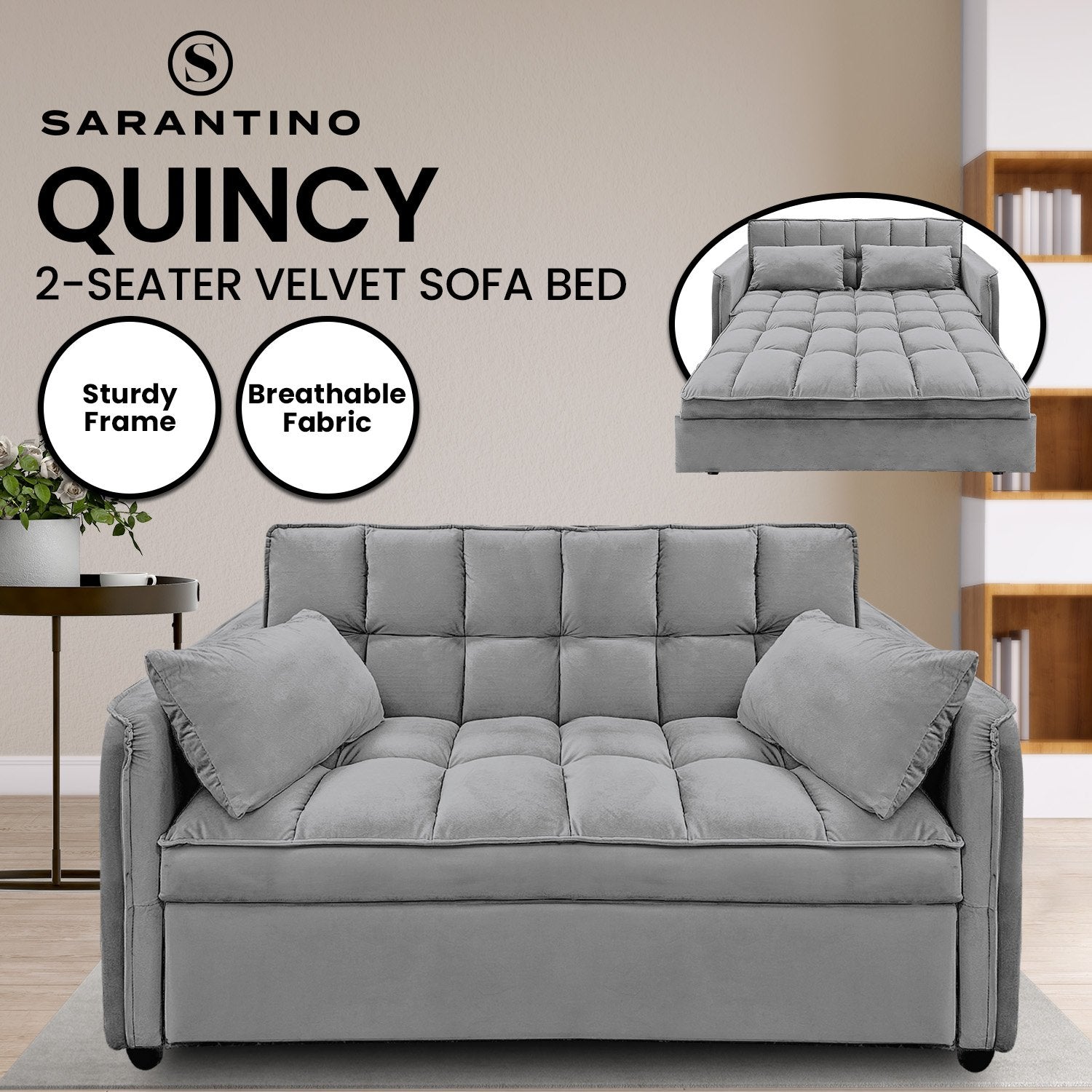 Sarantino Quincy 2-Seater Velvet Sofa Bed in Dark Grey with Wooden Frame and Tufted Design 8
