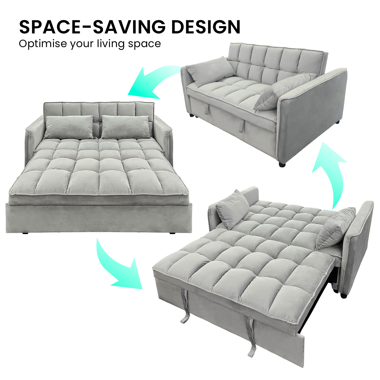 Sarantino Quincy 2-Seater Velvet Sofa Bed in Light Grey with Wooden Frame and Tufted Design 8