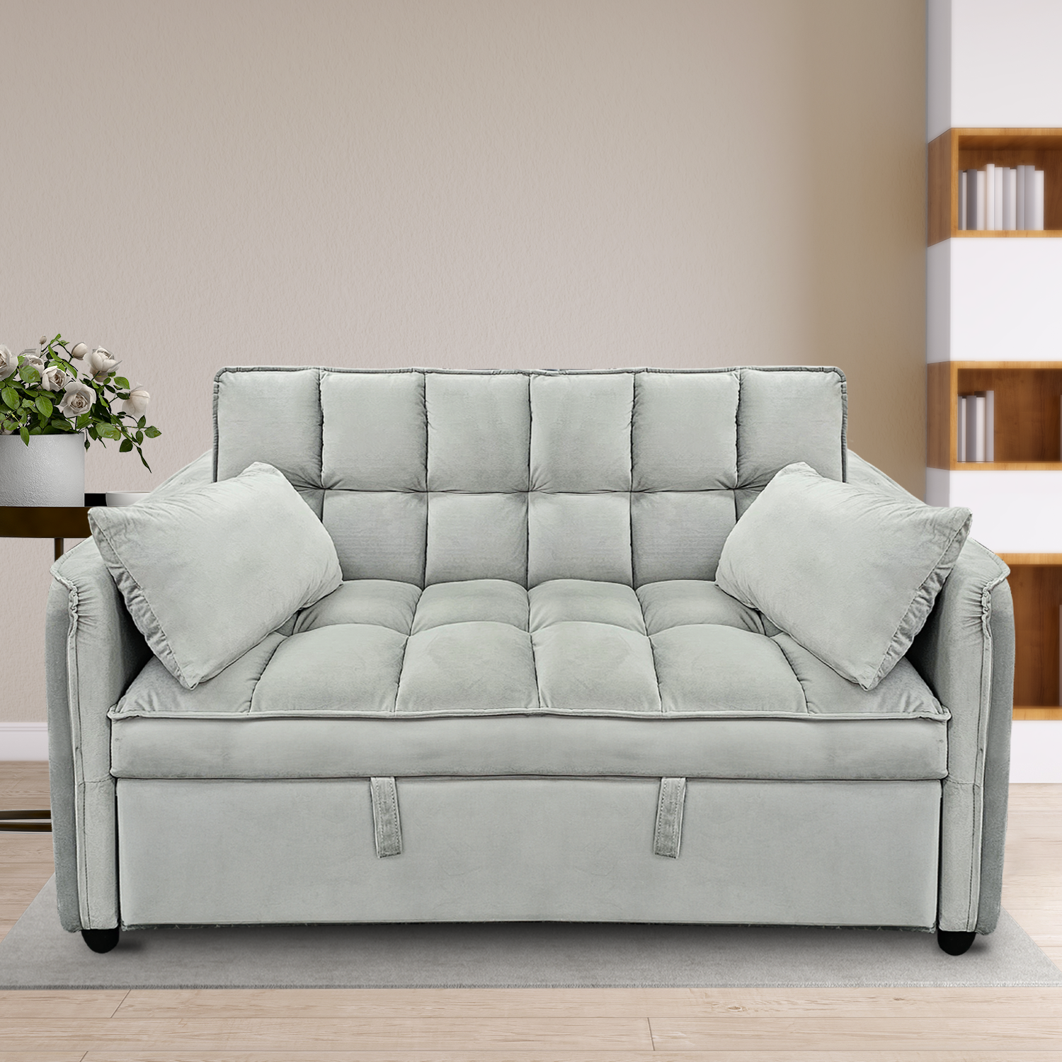 Sarantino Quincy 2-Seater Velvet Sofa Bed in Light Grey with Wooden Frame and Tufted Design 11