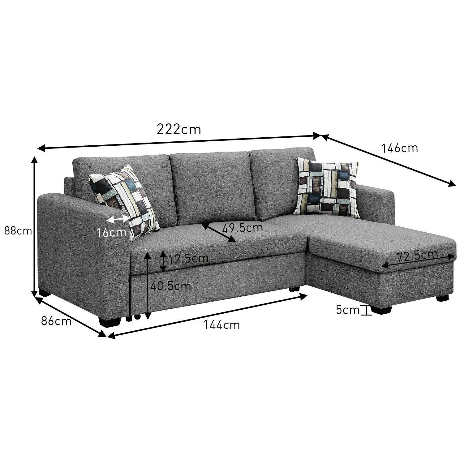 Sarantino Fontana Pullout Sofa Bed with Storage Chaise Lounge - Grey 3