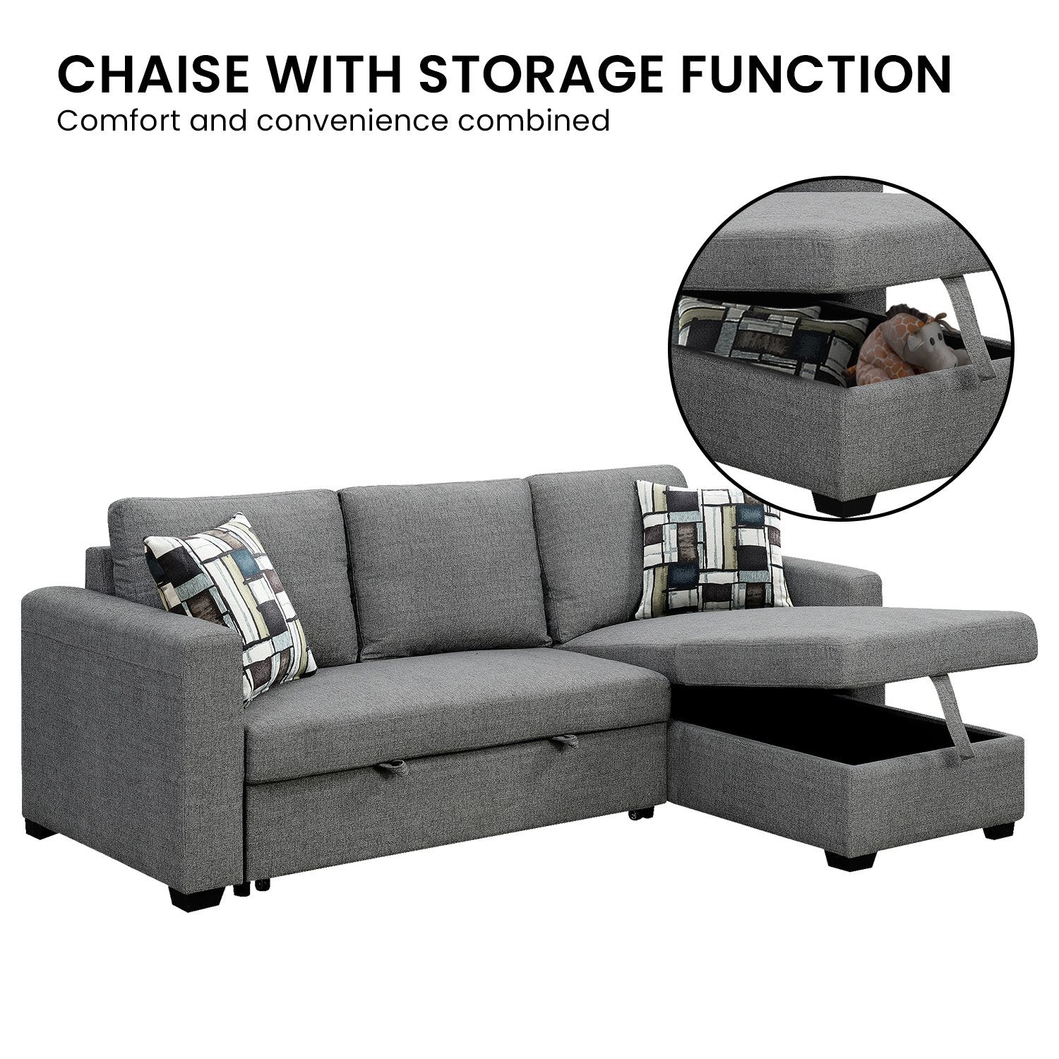 Sarantino Fontana Pullout Sofa Bed with Storage Chaise Lounge - Grey 12