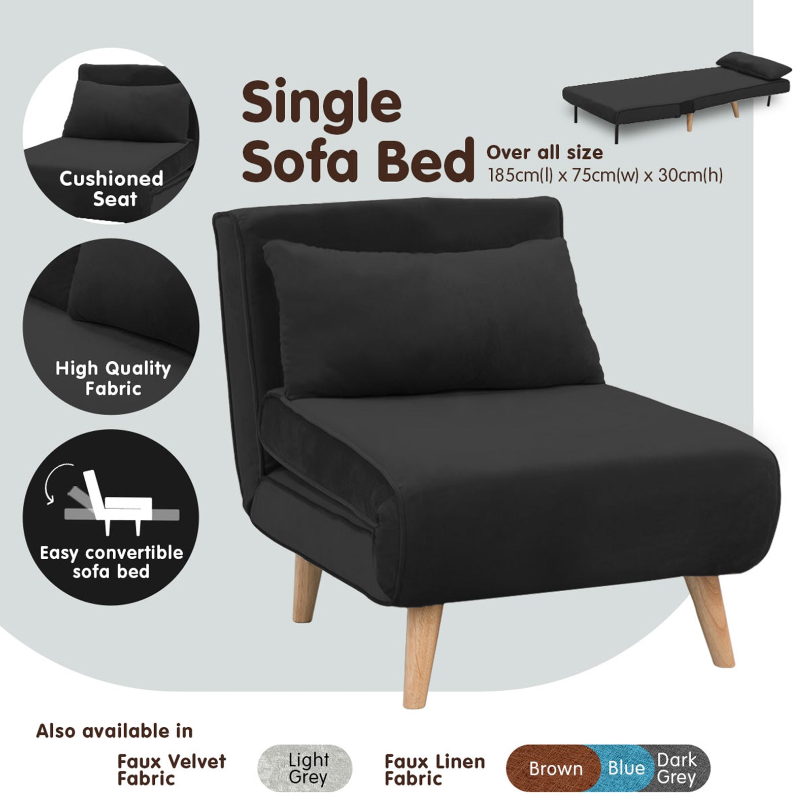 Sarantino Adjustable Chair Single Sofa Bed Faux Velvet - Black 4