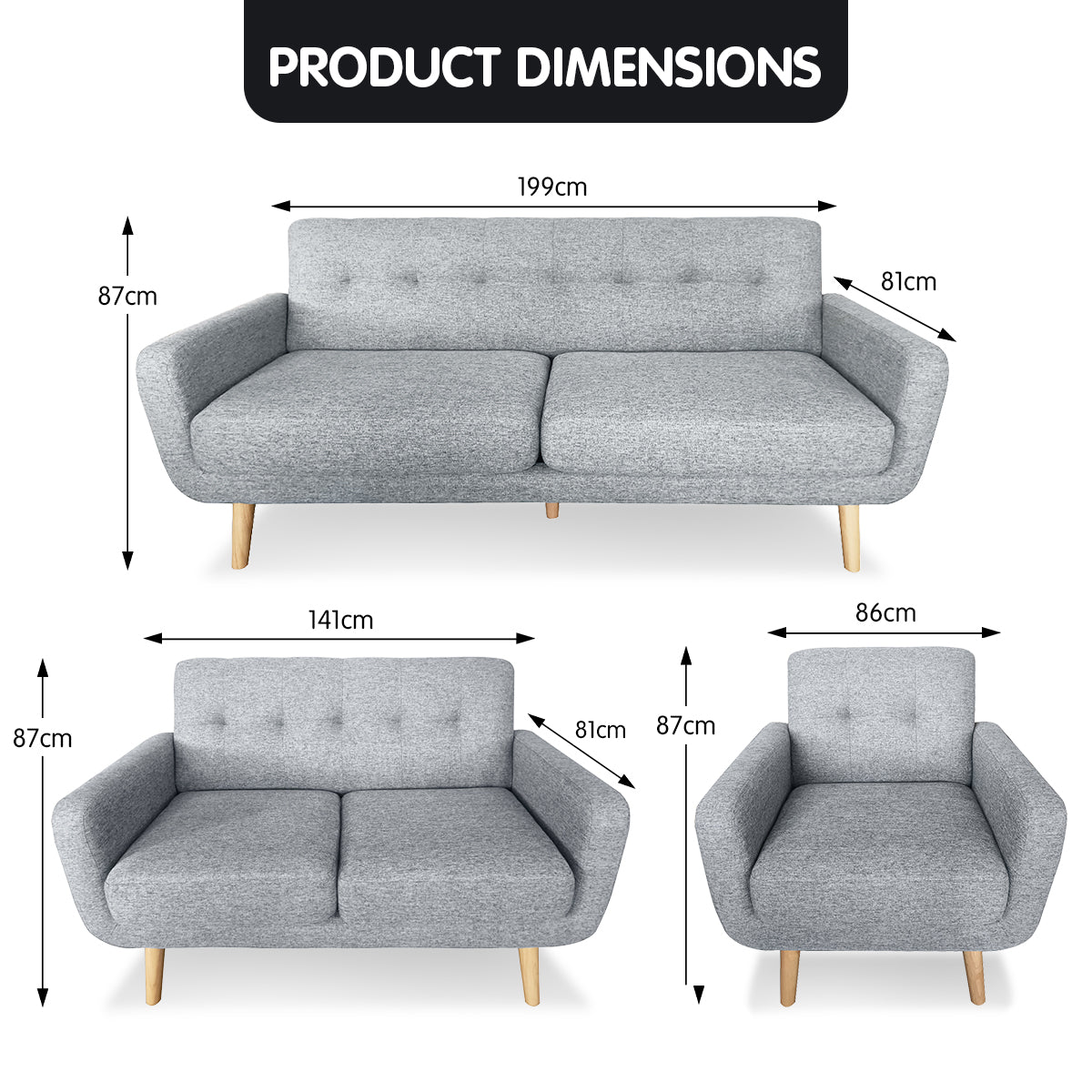 Sarantino 6-Seater Linen Sofa Set Couch Futon - Light Grey 10