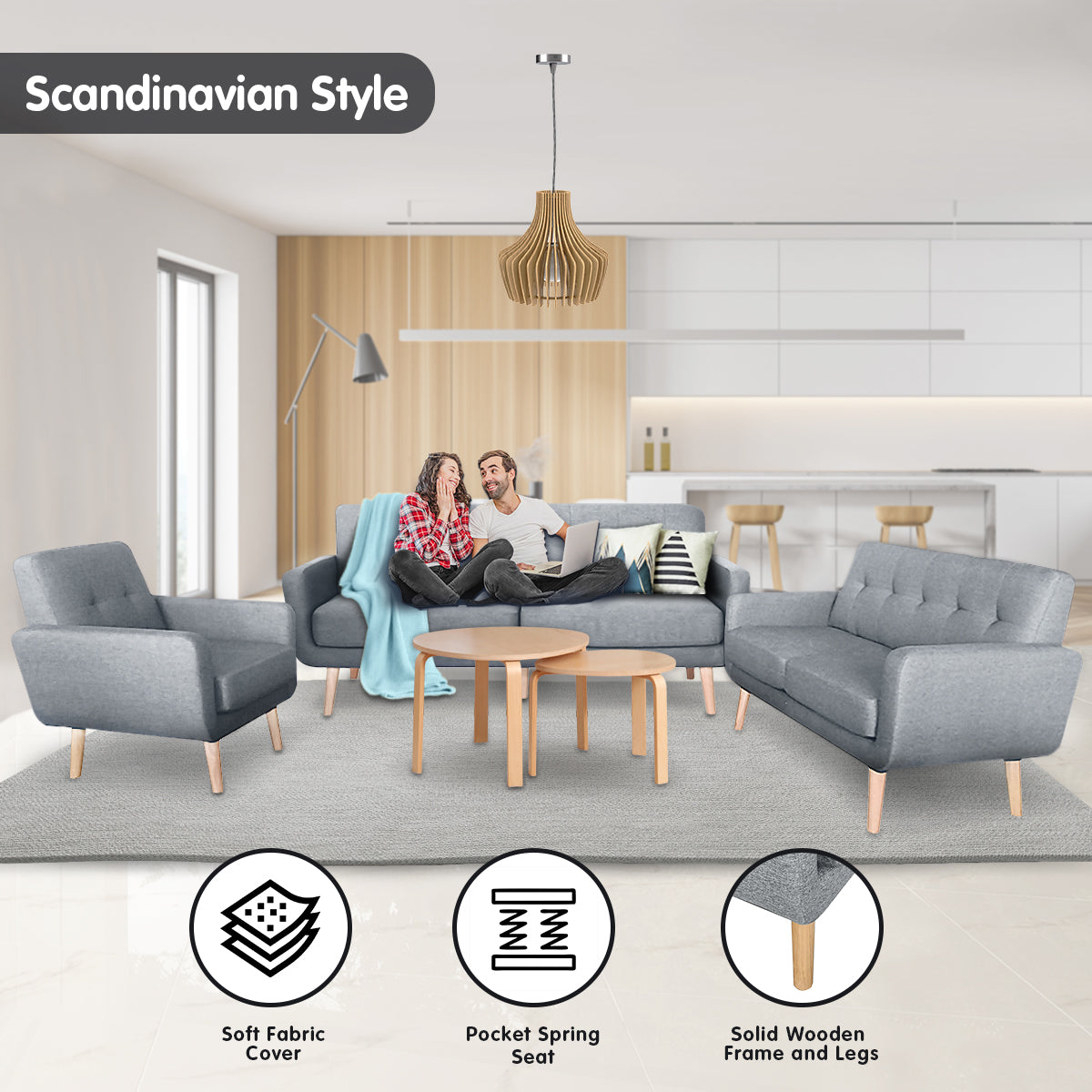 Sarantino 6-Seater Linen Sofa Set Couch Futon - Light Grey 11