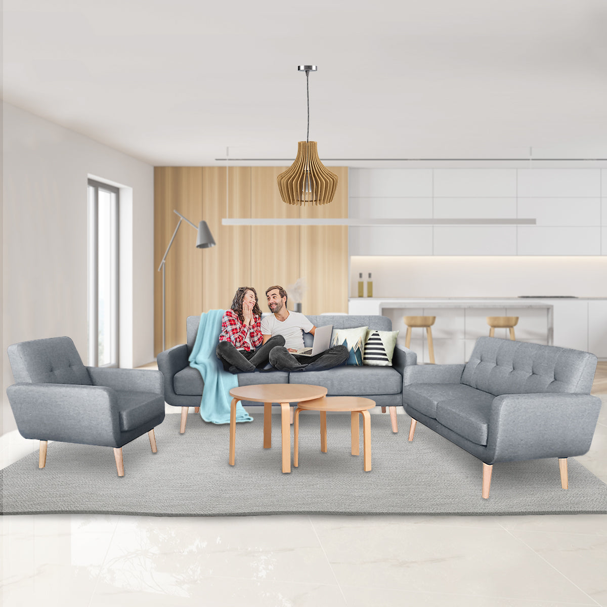 Sarantino 6-Seater Linen Sofa Set Couch Futon - Light Grey 12