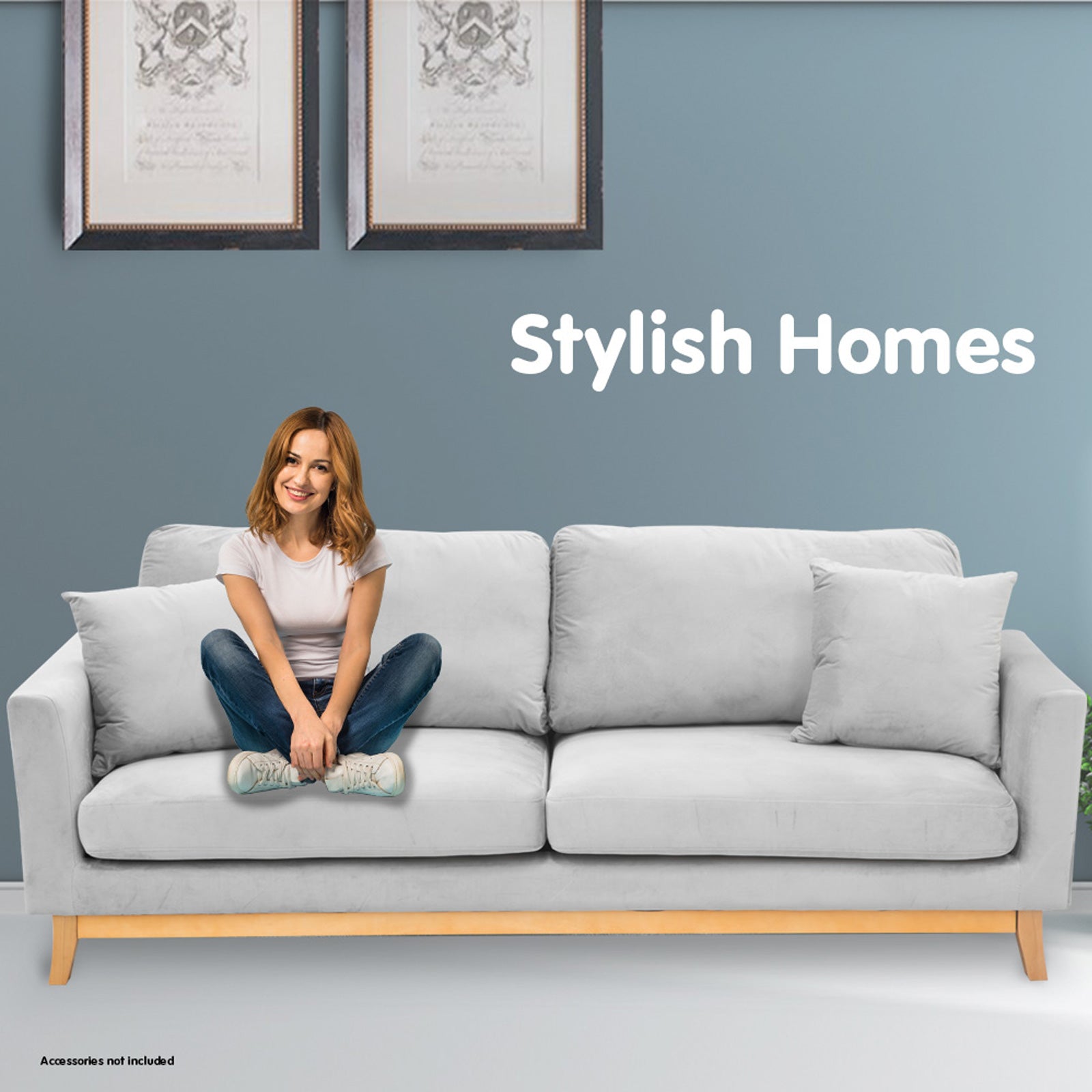 Sarantino 3 Seater Faux Velvet Sofa Bed Couch Furniture Light Grey 4