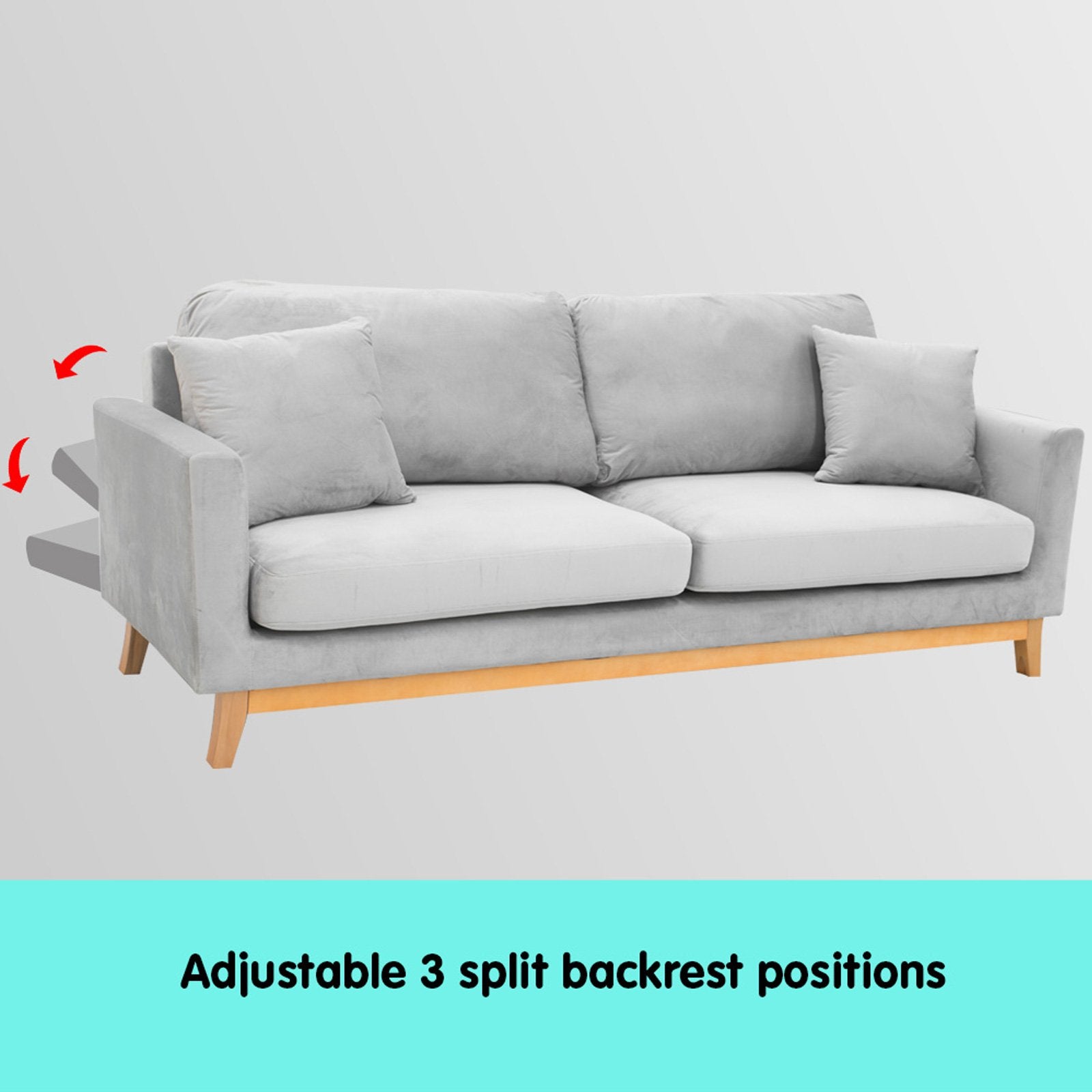 Sarantino 3 Seater Faux Velvet Sofa Bed Couch Furniture Light Grey 5