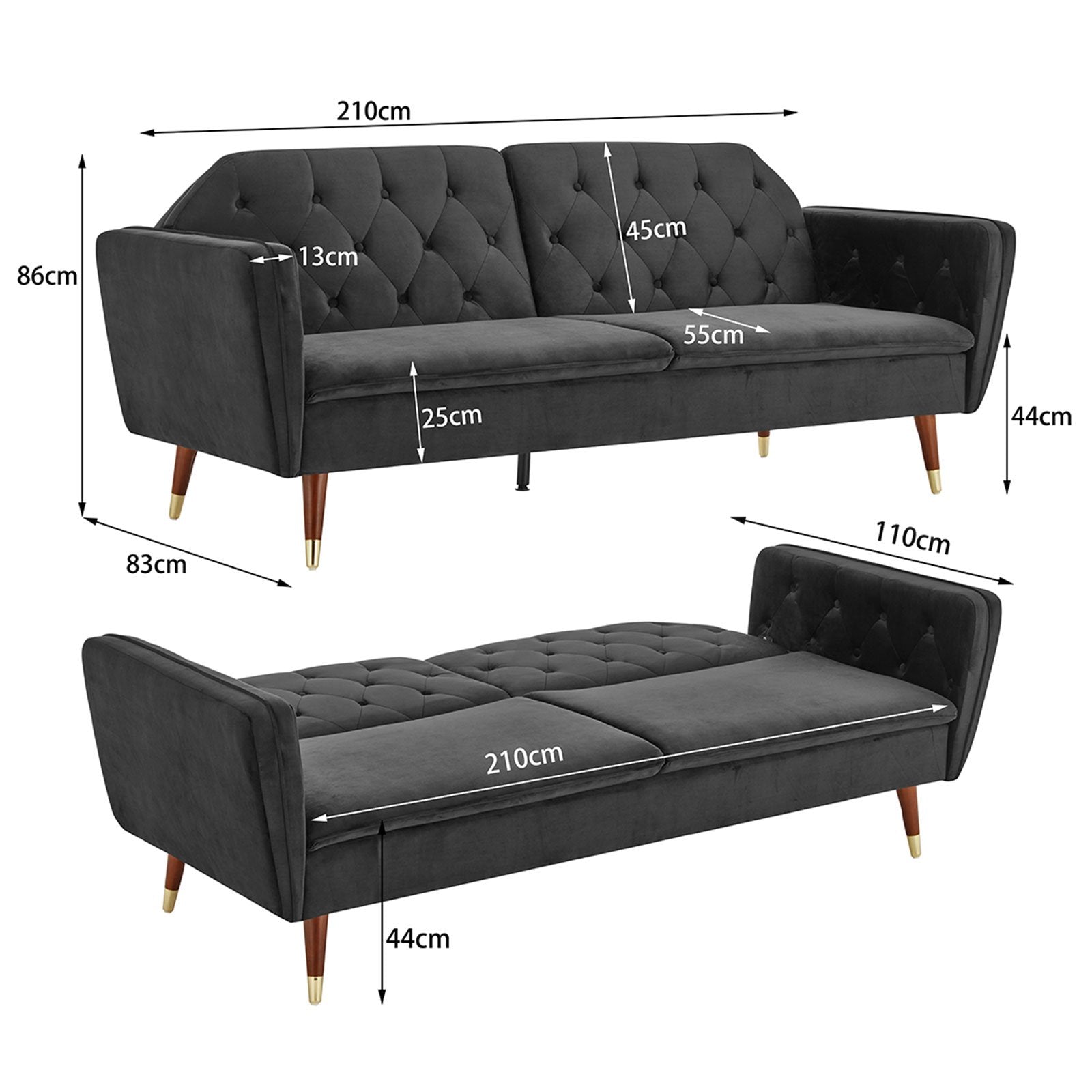 Sarantino Faux Velvet Tufted Sofa Bed Couch Futon - Black 7