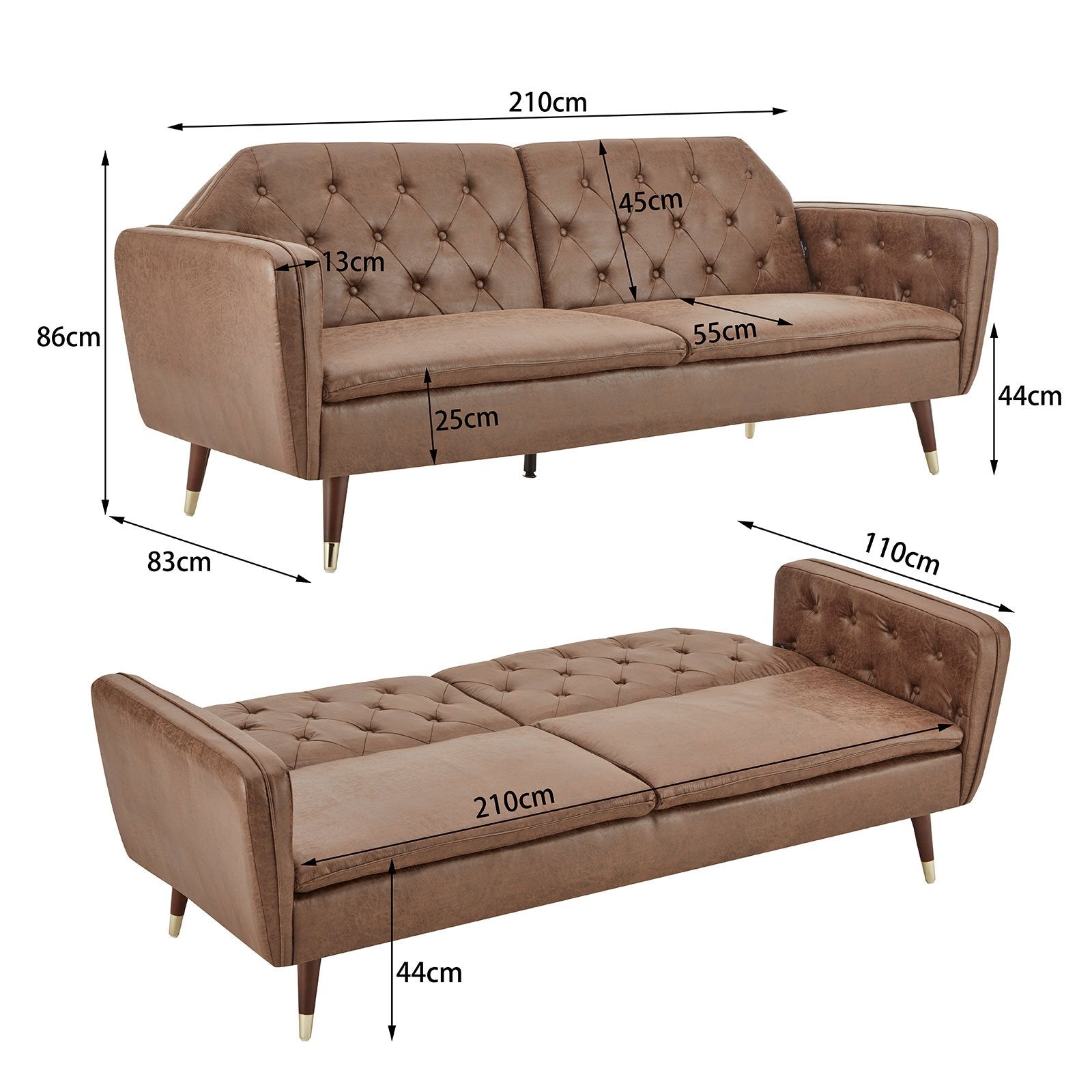Sarantino Faux Velvet Tufted Sofa Bed Couch Futon - Brown 4
