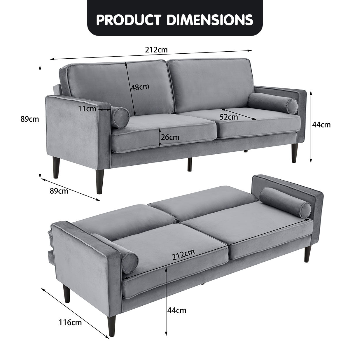 Sarantino Faux Velvet Sofa Bed Couch Furniture Lounge Suite Seat Grey 9